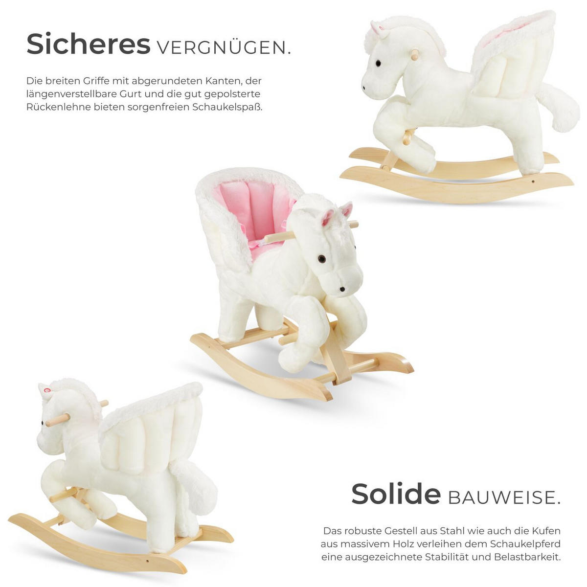 SCHAUKELPFERD ,massive Holzkufen, ab 18 Monaten geeignet,rosa/weiß - Pink/Weiß, Textil (30/56/69.5cm) - tectake