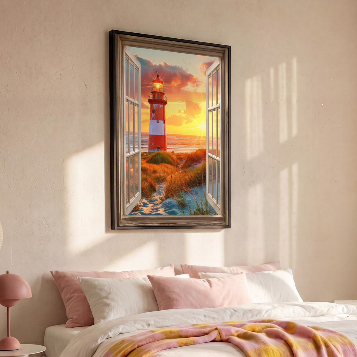 LEINWAND Bilder mit Rahmen - Aussicht - Fenster - Leuchtturm - Sonnenuntergang - Strand - 80x120 - Dunkelorange, Textil (80/120cm) - MuchoWow
