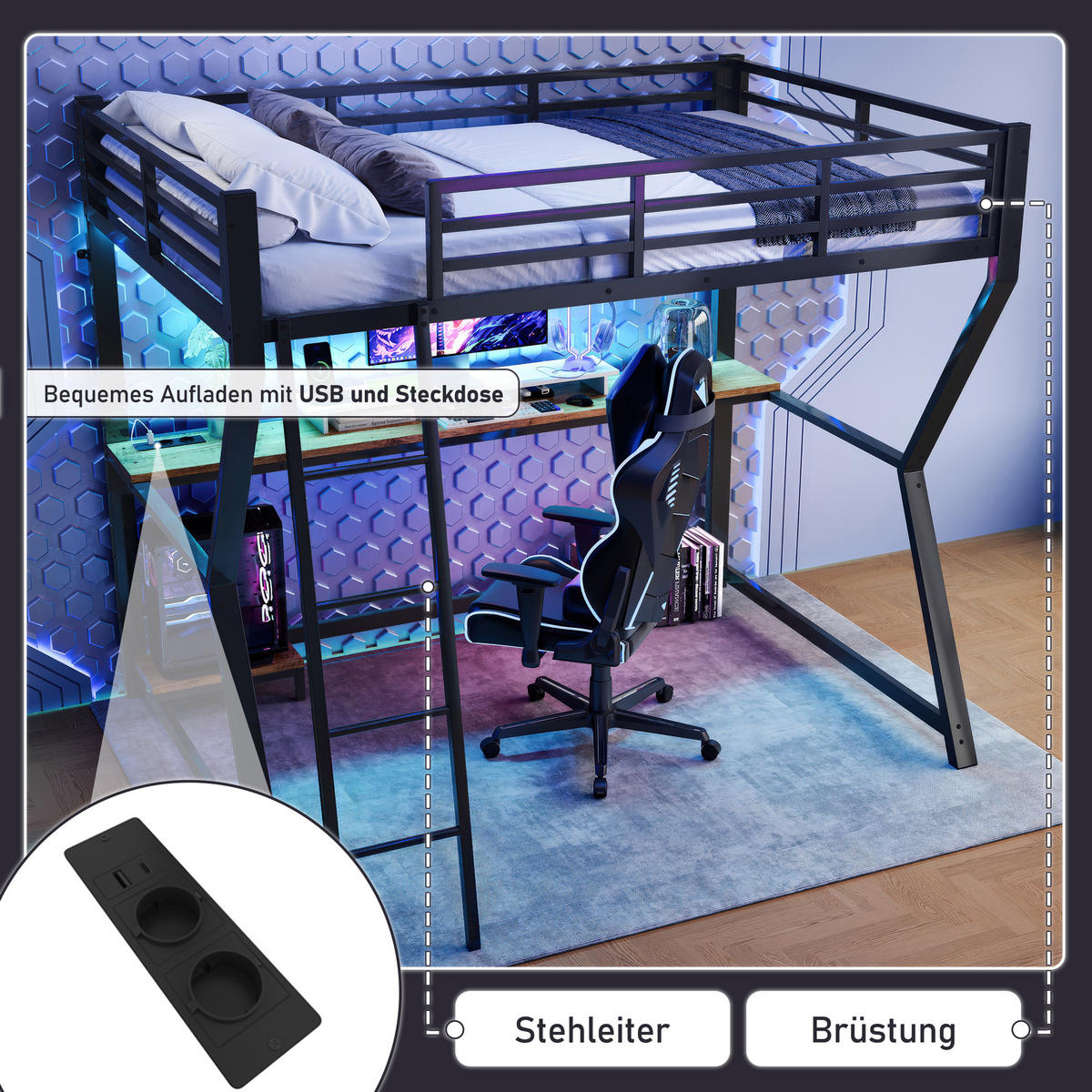HOCHBETT 90x200cm Schwarz LED-Licht Computerablage Schreibtisch USB - Schwarz, Metall (90/200cm) - FLIEKS