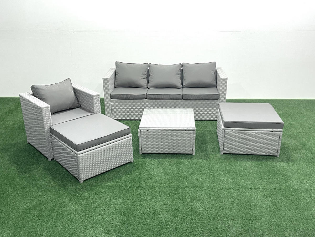 GARTENMÖBELSET mit 3-SITZER SOFA,COUCHTISCH Polyrattan Hellgrau-Mix 6-Sitzer - Hellgrau/Grau, Glas/Kunststoff - Fimous