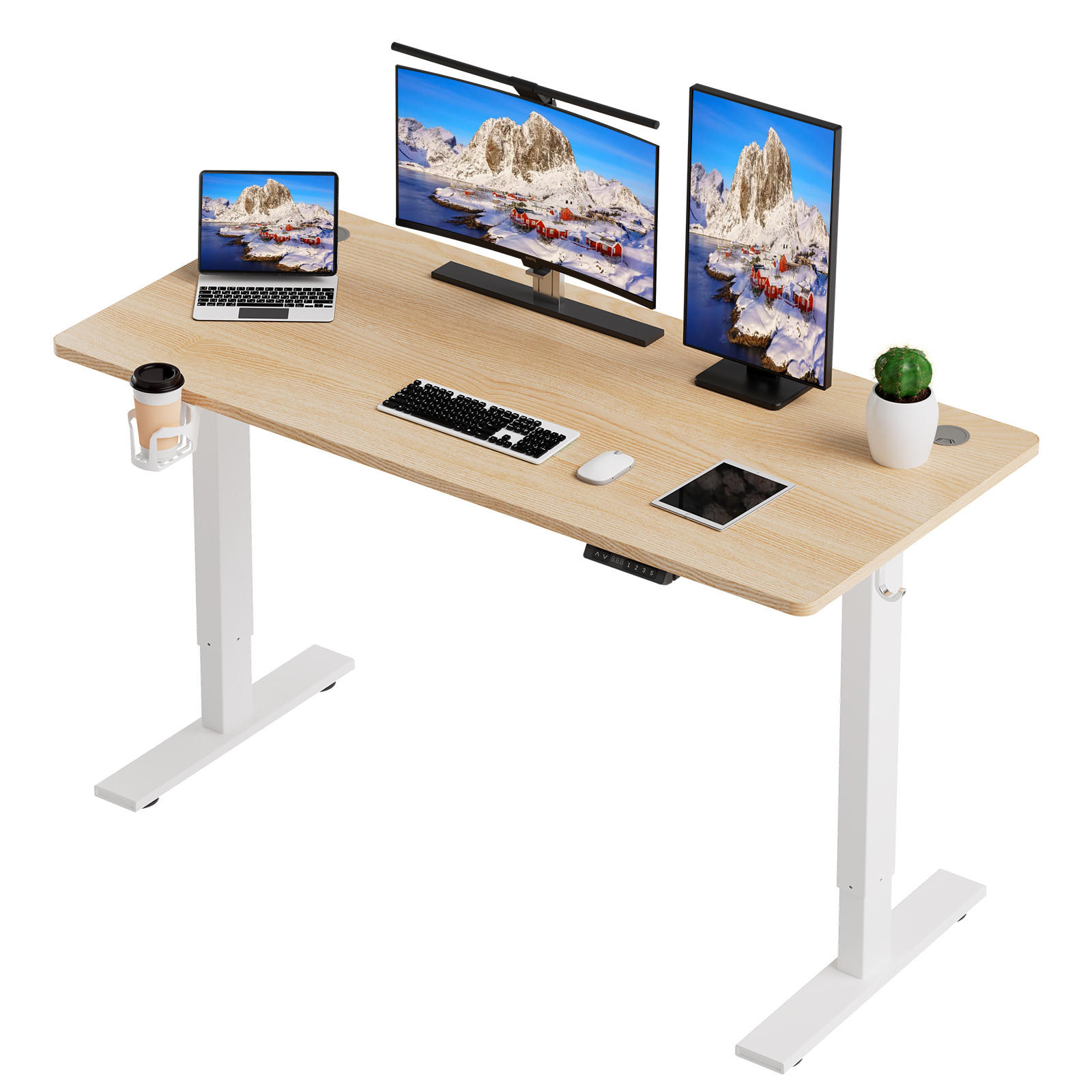 SCHREIBTISCH höhenverstellbar 70 x 140 cm, mit Memory- und Kollisionsschutzfunktion, Höhe 70 - 120 cm - Hellbraun/Weiß, Holz/Metall (140/70/69cm) - HOMAVO