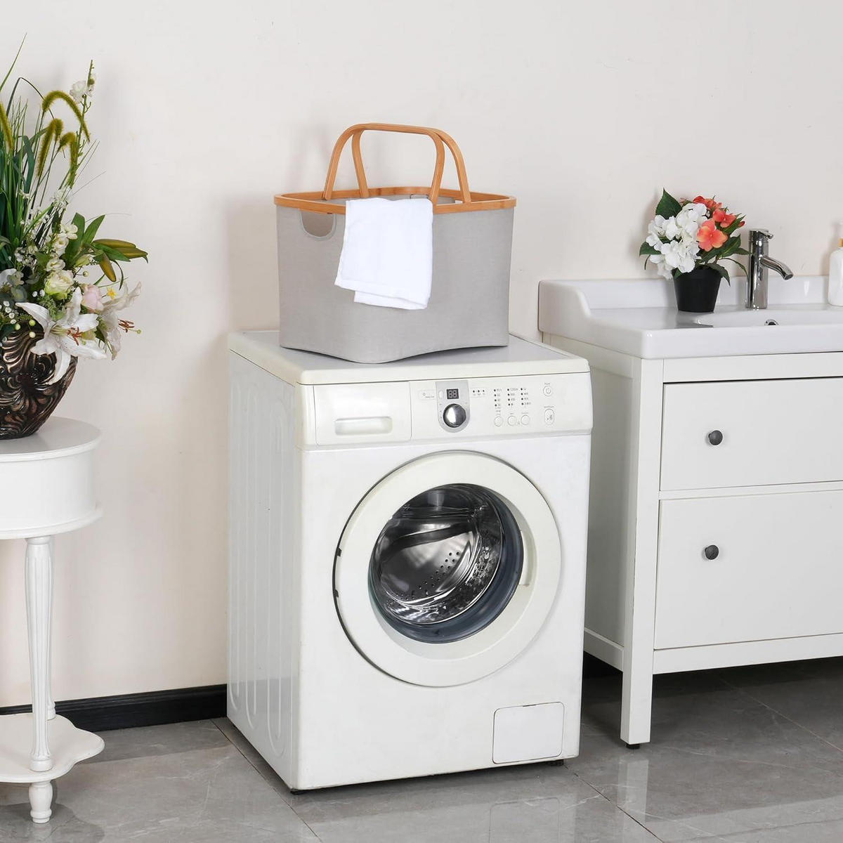 WÄSCHEKORB Bambus Stoff Hellgrau 43L - Grau, Naturmaterialien (33/30/44cm)
