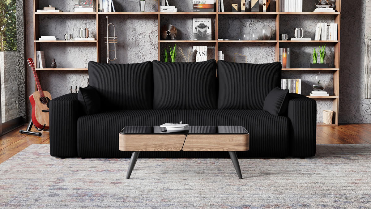 SOFA Bubi mit Bettkasten und Schlaffunktion, Cordstoff - Schwarz, Holzwerkstoff (242/85/95cm)