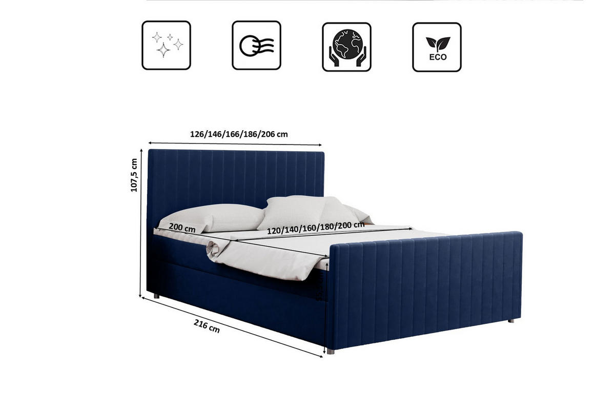 BOXBETT mit Bettkasten Matratze Topper LATINO stoff Velvet 200x200 cm Marineblau H2-Pocket - Dunkelblau, Holz/Holzwerkstoff (200/200cm) - Kaiser Möbel