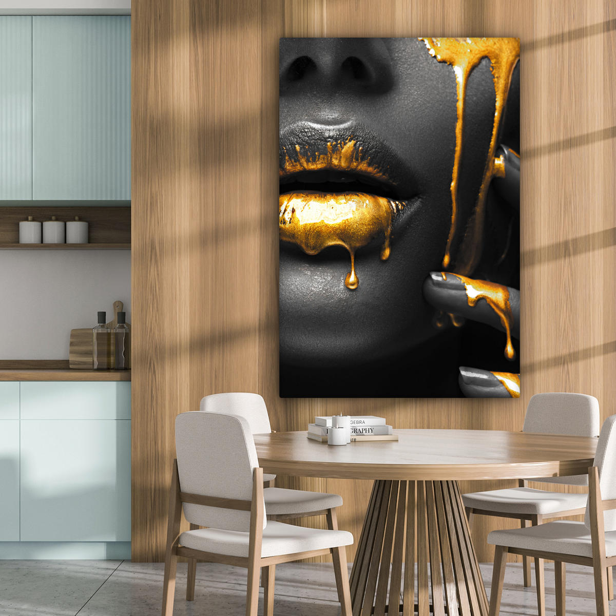 LEINWANDBILD Frau - Schwarz - Gold - Gesicht - Lippen 90x140 cm - Goldfarben, Textil (90/140cm) - MuchoWow