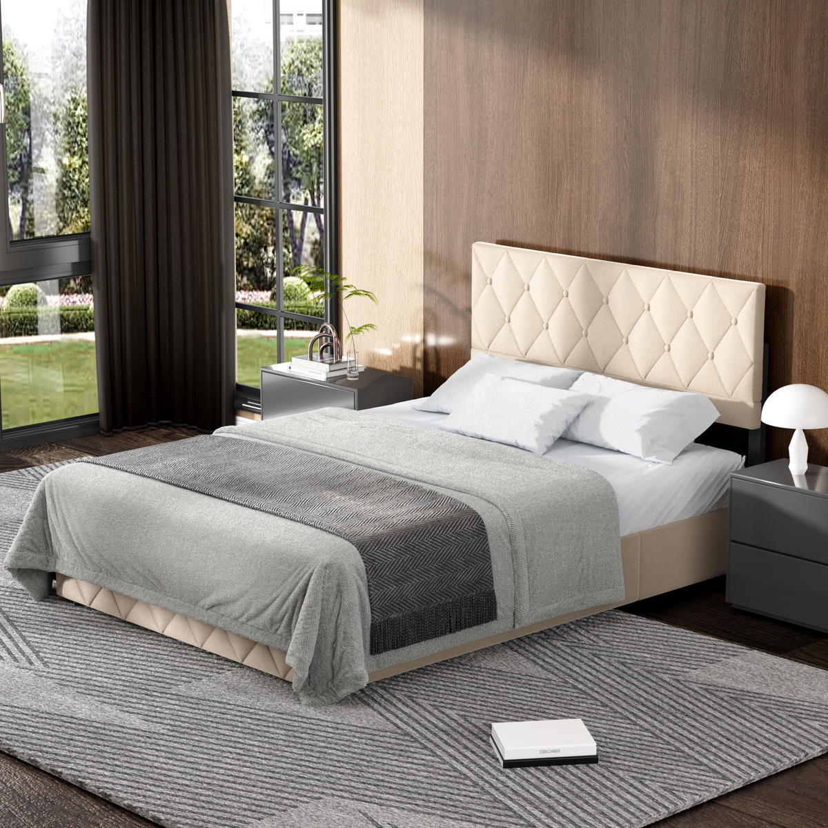 POLSTERBETT 140/200 cm mit Bettkasten in Beige Samt, ohne Matratze - Beige, Holzwerkstoff/Textil (140/200cm) - WISHDOR