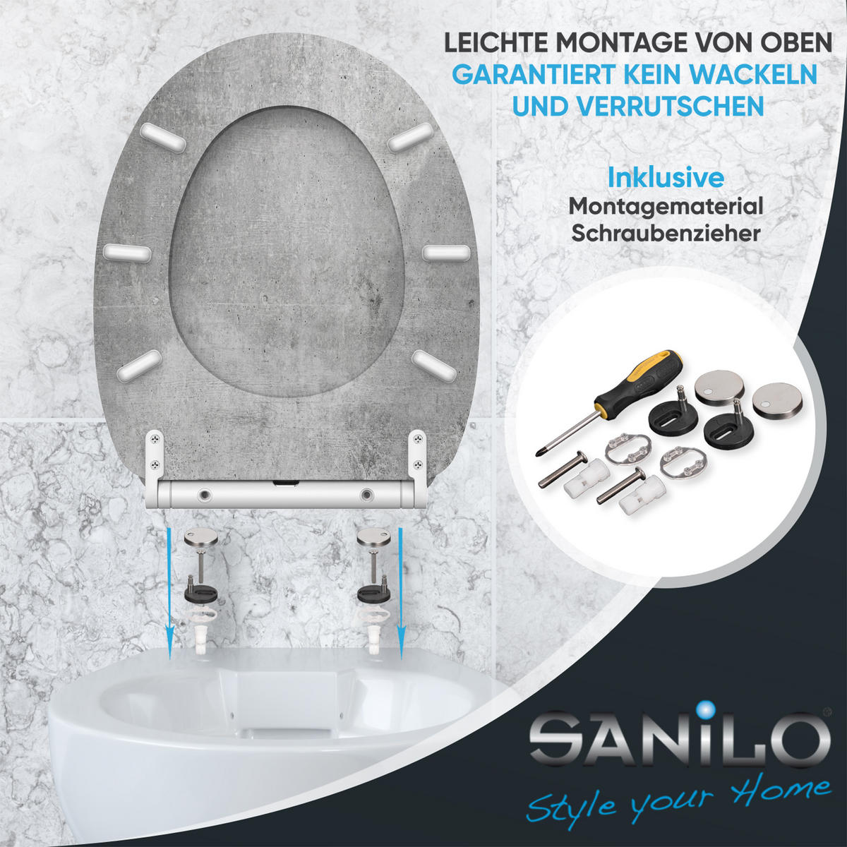 WC-SITZ mit Absenkautomatik & Top Fix Beton - Grau, Holzwerkstoff (37.7/5.5/48cm) - Sanilo