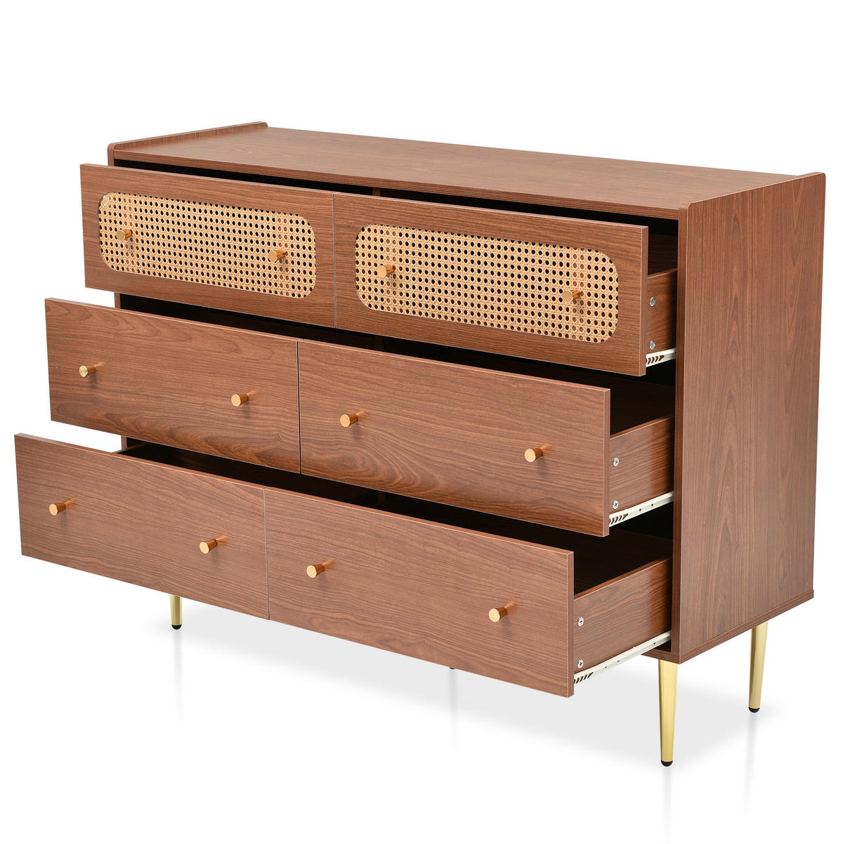 KOMMODE 120/40/90 cm in Nussbaum mit 6 Schubladen und Rattan-Details - Naturfarben, Metall (120/90/40cm) - Flora Grace