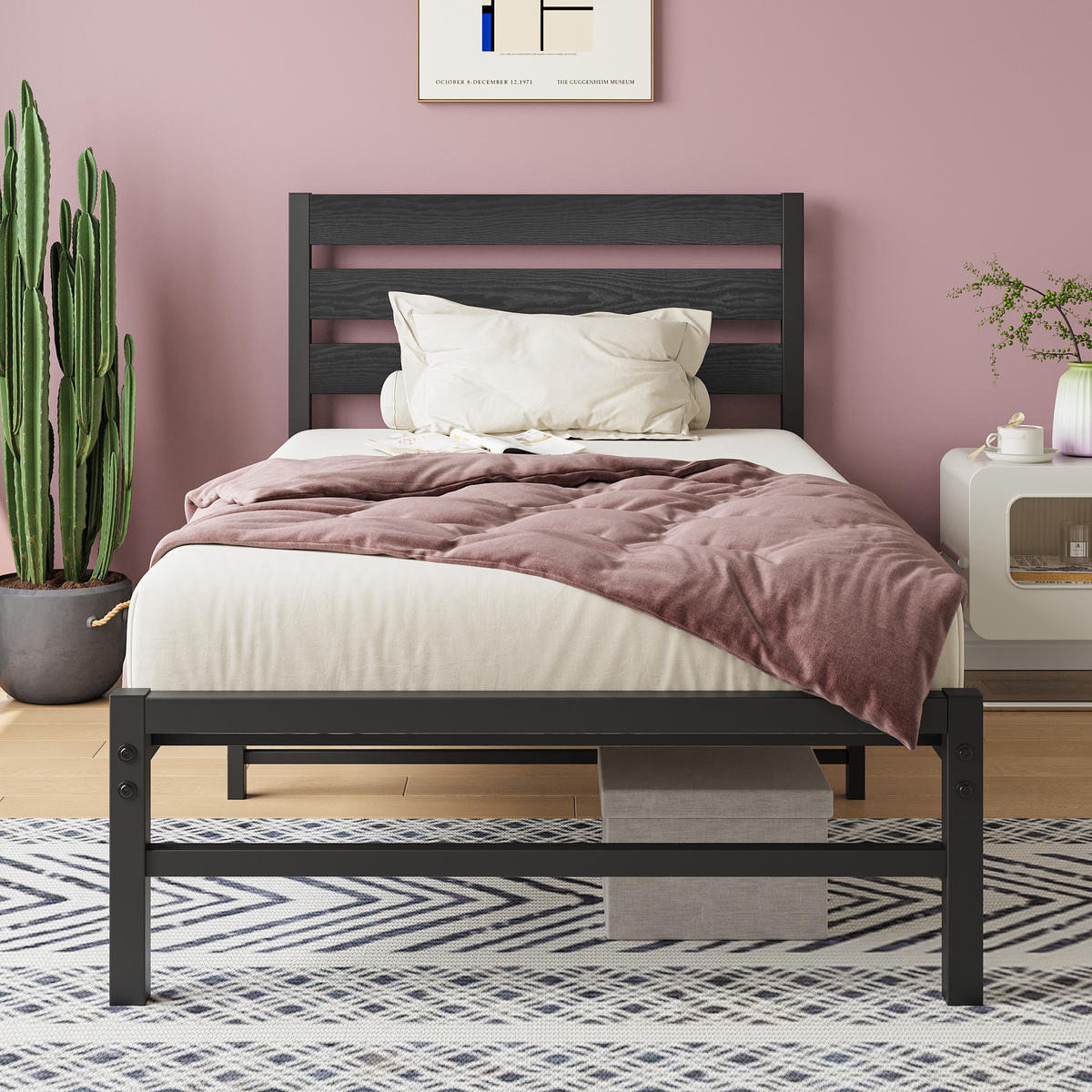 METALLBETT 90/200 mit Stauraum unter dem Bett, mit Lattenrost - Schwarz, Metall (90/200cm) - STILVORA