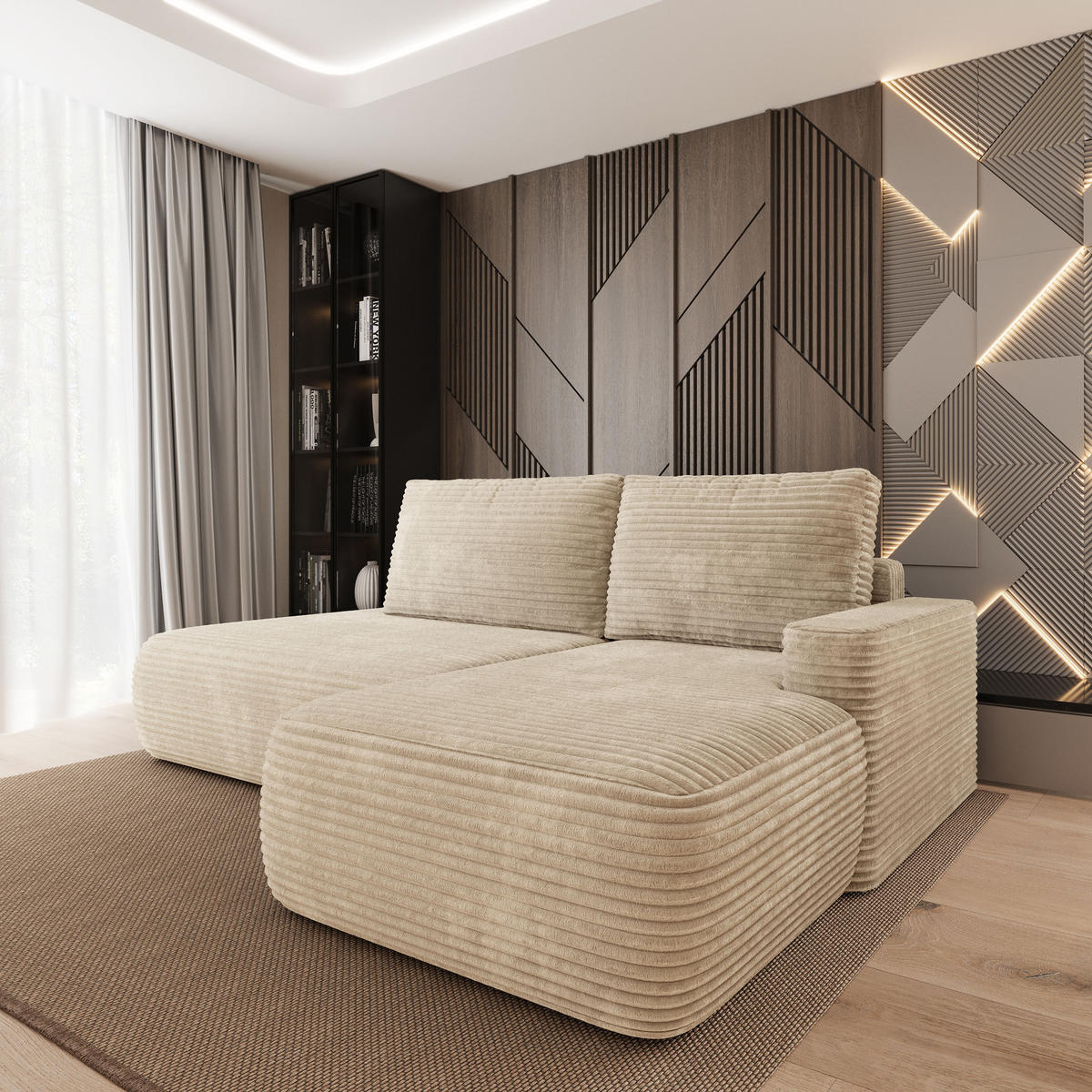 ECKSOFA AVINI T R-S Creme Kordstoff mit Schlaffunktion - Creme, Holzwerkstoff/Textil (277/160cm) - MASSENO