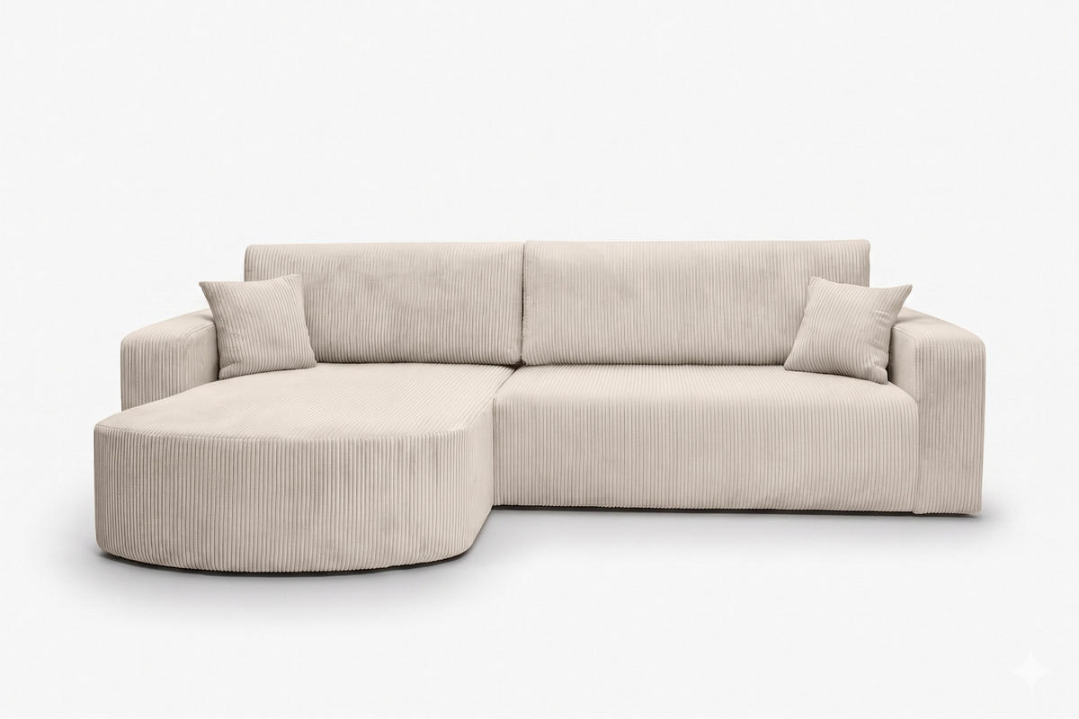 ECKSOFA Mit Schlaffunktion, Cordstoff Poso, Beige, Links, ROUND ONE XL - Creme, Holz (271/175cm) - Kaiser Möbel