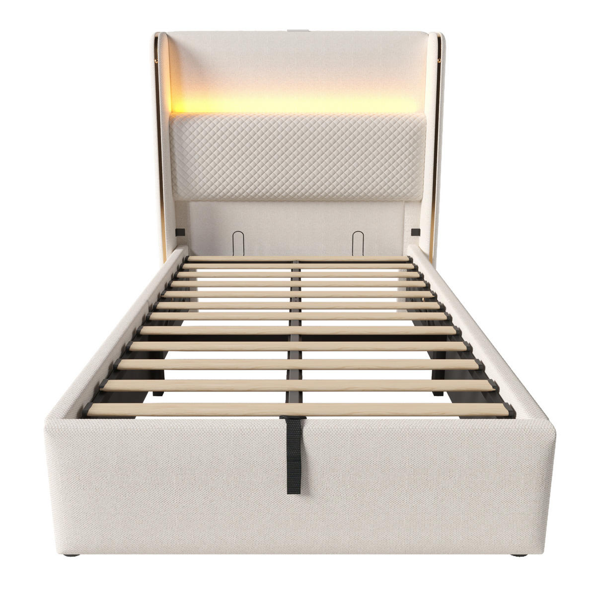 POLSTERBETT 90/200 cm Beige aus Leinen mit LED und Stauraum - Beige, Textil (90/200cm) - OKWISH