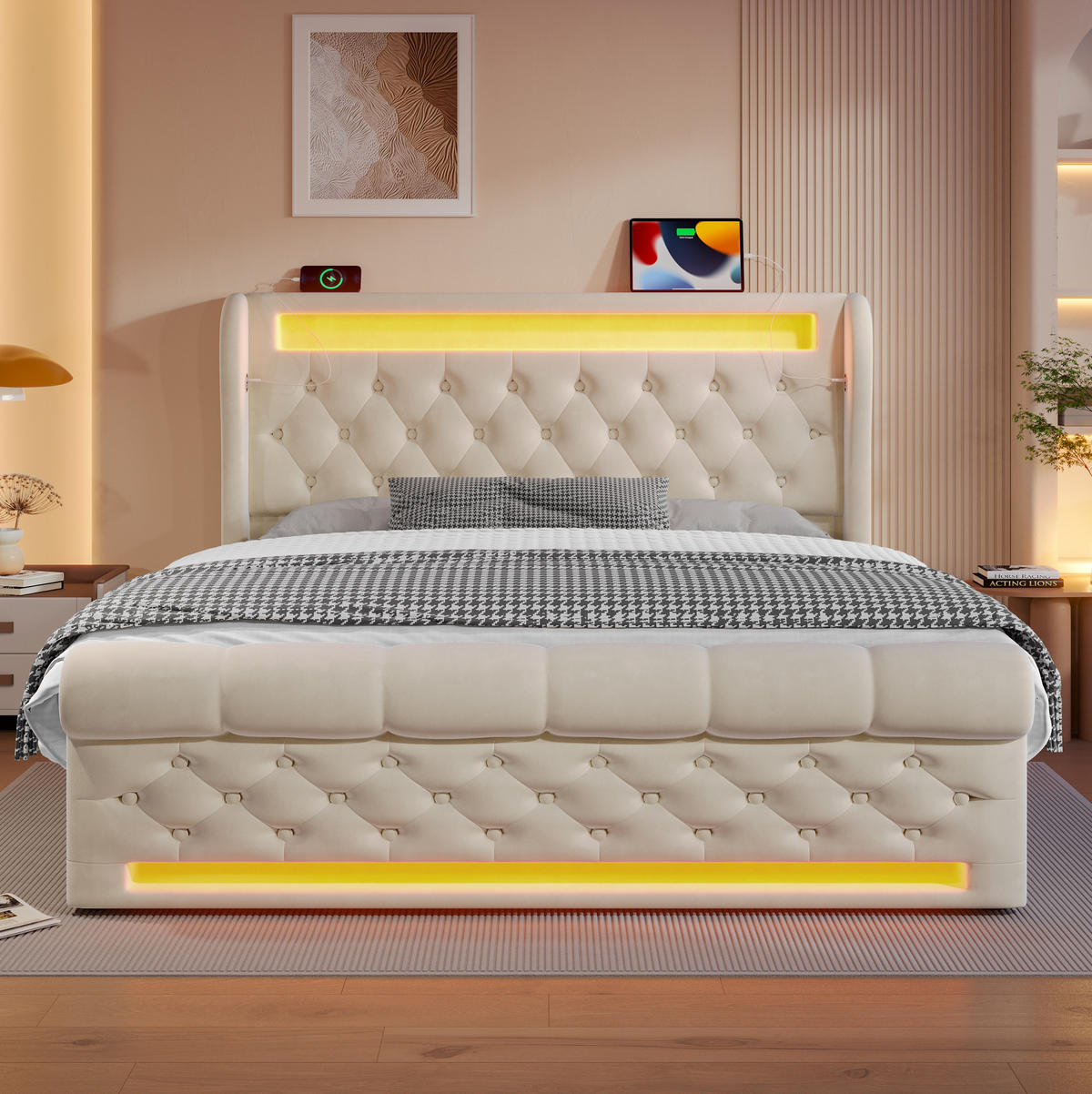 POLSTERBETT 140/200 cm Beige mit LED-Beleuchtung, Stauraum und USB- und Type-C-Anschlüssen - Beige, Textil (140/200cm) - Flora Grace
