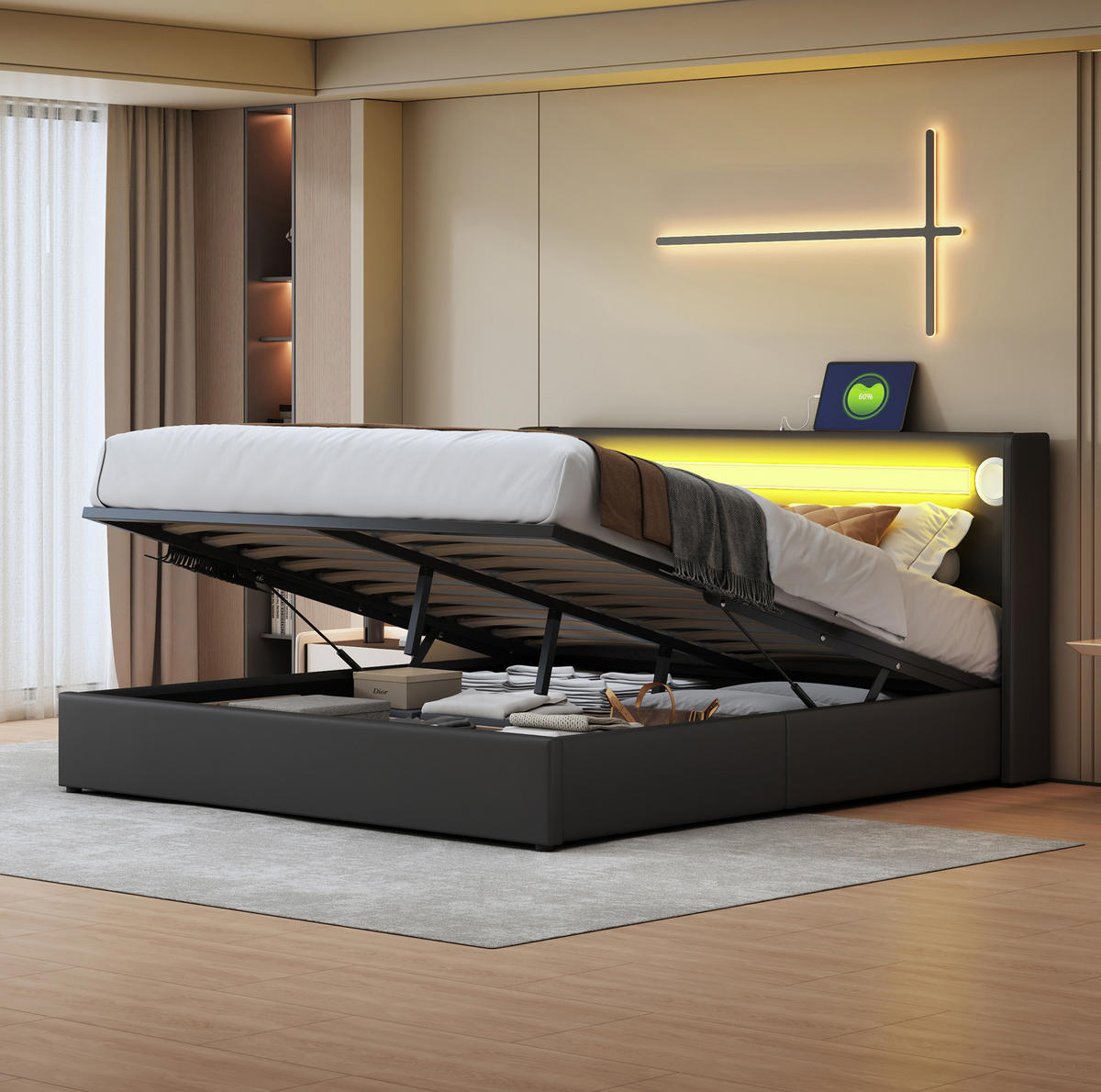 POLSTERBETT mit Bettkasten 160/200 cm in Schwarz mit LED-Beleuchtung & USB - Schwarz, Kunststoff (160/200cm) - BEAOK