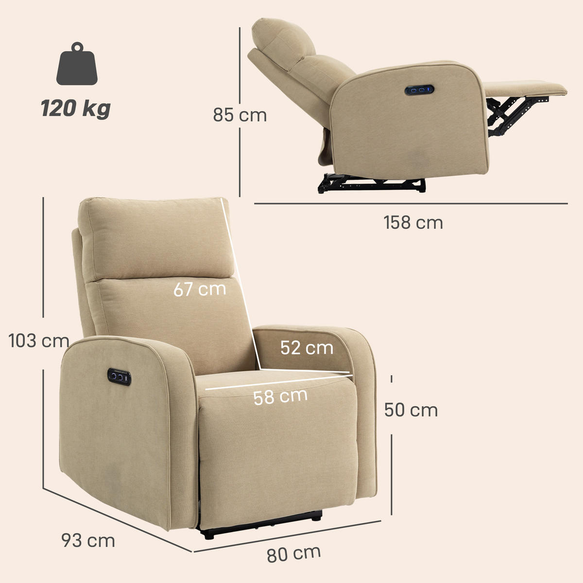 RELAXSESSEL,ELEKTRISCH Chenille Fußstütze verstellbare Kopfstütze Steckdosen,beige - Beige, Textil (80/103/93cm) - Vallsero
