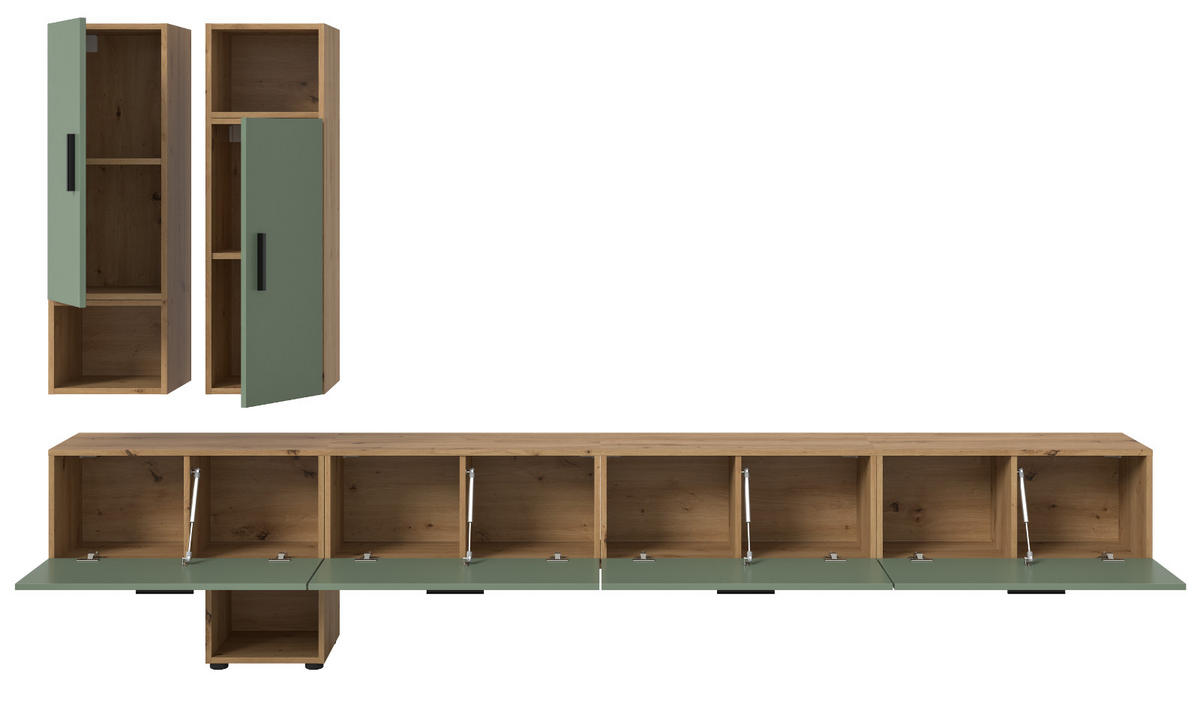 WOHNWAND grün, Eiche Artisan 300 cm, Wohnkombination hängend / stehend - Schwarz/Eiche Artisan, Holzwerkstoff/Kunststoff (300/178/34cm) - Inn.Furn