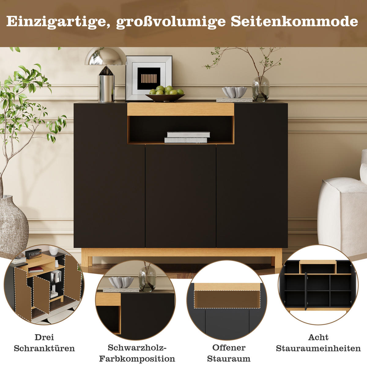 SIDEBOARD 120,5/42/96 cm mit 3 Türen & offenem Fach in Schwarz-Holzoptik - Schwarz, Holzwerkstoff (120.5/96/42cm) - BEAOK