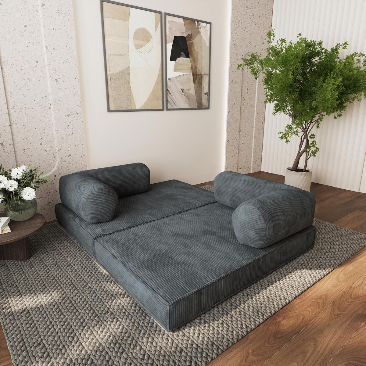 ECKSOFA ETERA modulares Boneless Sofa mit Schlaffunktion Grau Cordstoff - Dunkelgrau, Textil (270/160cm) - MASSENO