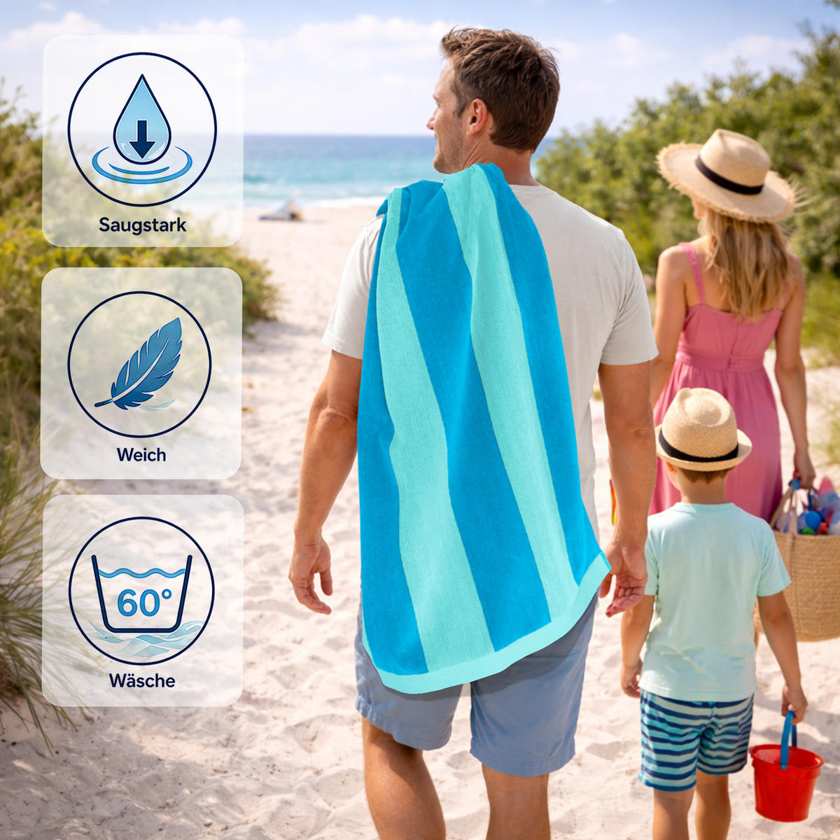 STRANDTUCH Riviera Frottee Velours 90x180 cm 480g/m² - Türkis/Blau, Naturmaterialien (90/180cm) - Lashuma