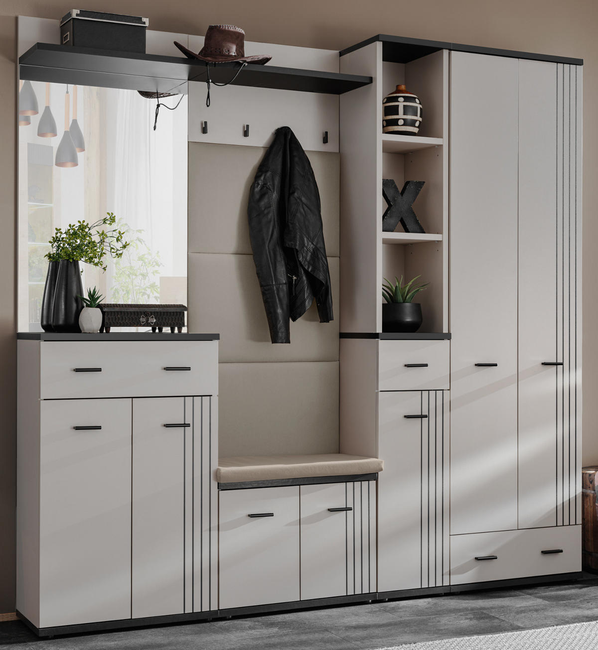 GARDEROBEN-SET Kaschmir, schwarz 6-teilig 210 cm, Flurgarderobe mit viel Stauraum - Kaschmir/Schwarz, Glas/Holzwerkstoff (210/203/32cm) - Inn.Furn
