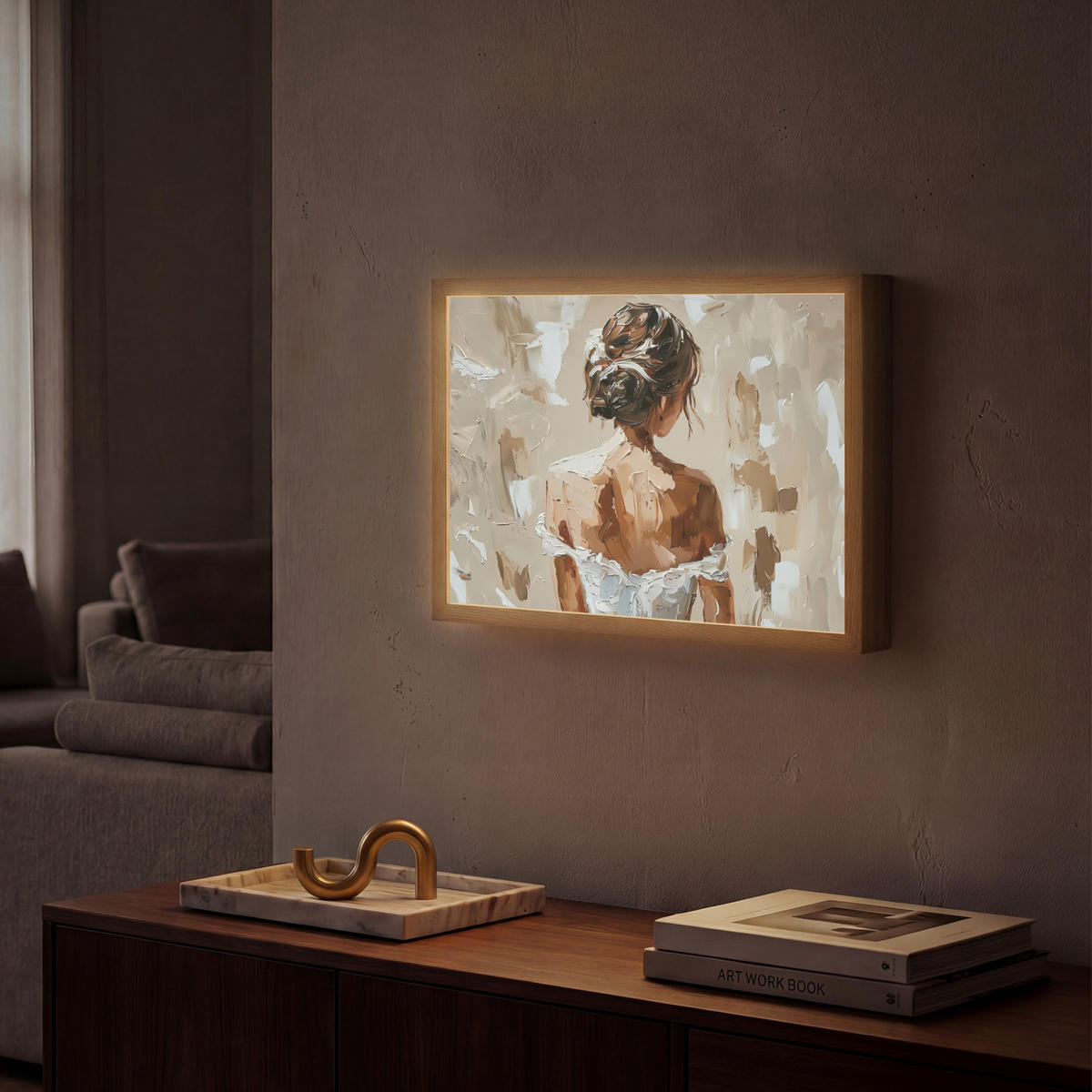 NÁSTĚNNÁ LAMPA S AKUMULÁTOREM Žena - malba - abstraktní - béžová - moderní 40x30 cm - světle hnědá, kompozitní dřevo (40/30/8cm) - OnlyWow