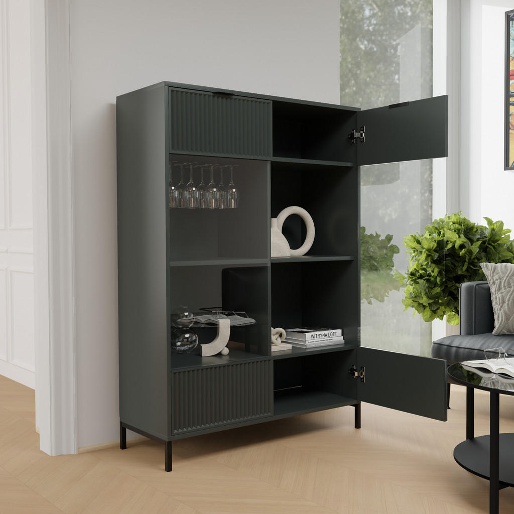 Thumbnail - Idohome Glasvitrine, Grün, Holzwerkstoff, Rechteckig, 105x150x41 cm, Wohnzimmer, Wohnwände, Vitrinenschränke