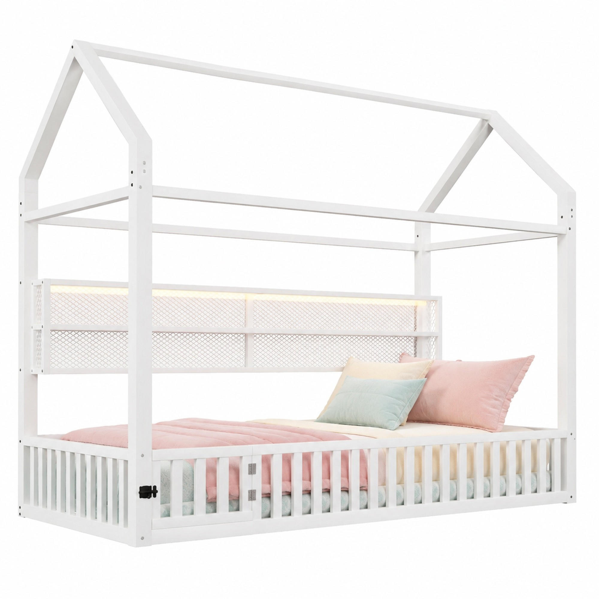 KINDERBETT 90/200 mit Hausdesign und Sicherheitszaun in Weiß - Weiß, Metall (90/200cm) - EVRYAE