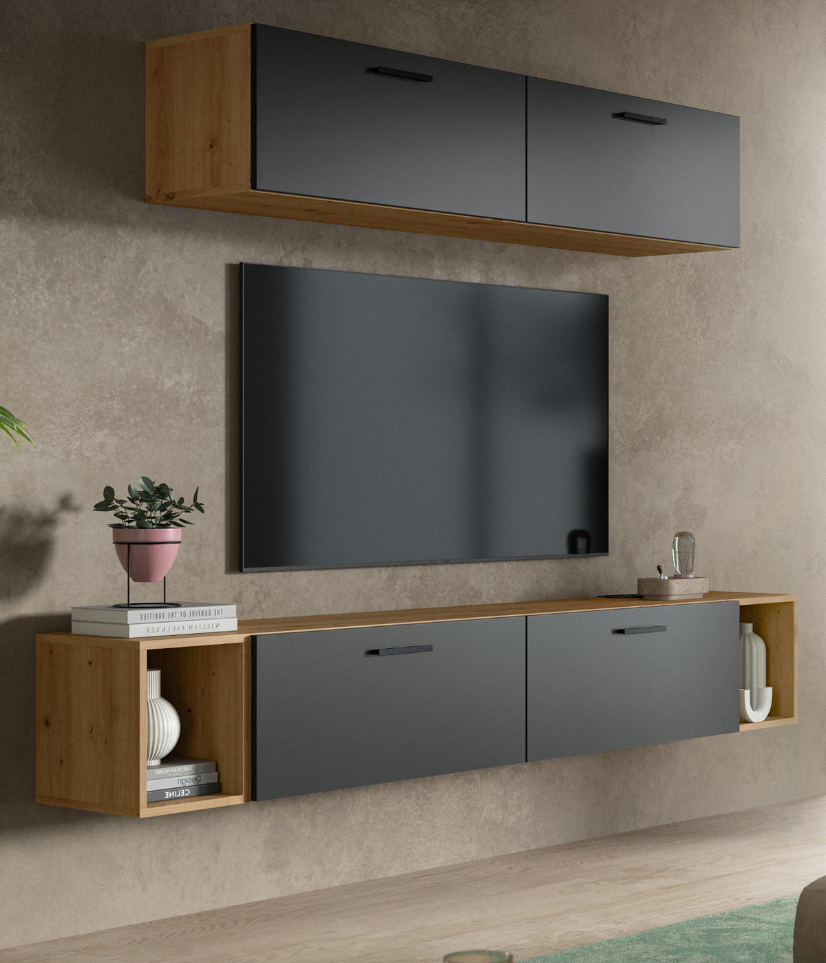 WOHNWAND grau, Eiche Artisan 202 cm, Schrankwand mit Soft-Close - Schwarz/Eiche Artisan, Holzwerkstoff/Kunststoff (202/184/34cm) - Inn.Furn