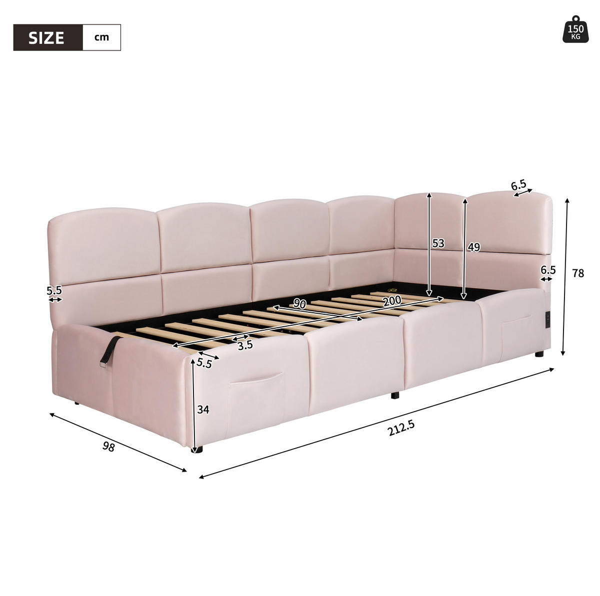 SCHLAFSOFA aus Samt 90x200 cm Rosa mit hydraulischem Stauraum, USB-A- und USB-C-Anschlüssen - Rosa, Textil (90/200cm) - IVMEU