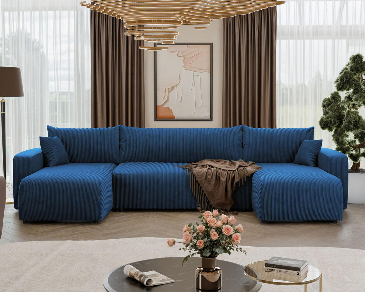 WOHNLANDSCHAFT Pianoni Marineblau Cordbezug - Schwarz/Dunkelblau, Kunststoff/Textil (312/83/140cm) - Selsey