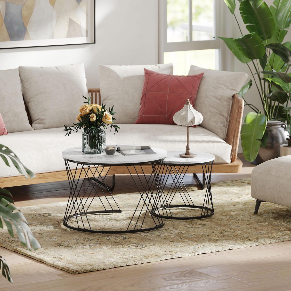 COUCHTISCHE im 2er-Set, Marmoroptik, Spanplatte, Metall, runde Kaffeetische für Wohnzimmer, ineinanderstellbar, Weiß - Weiß, Holzwerkstoff (70/70/46.5cm)