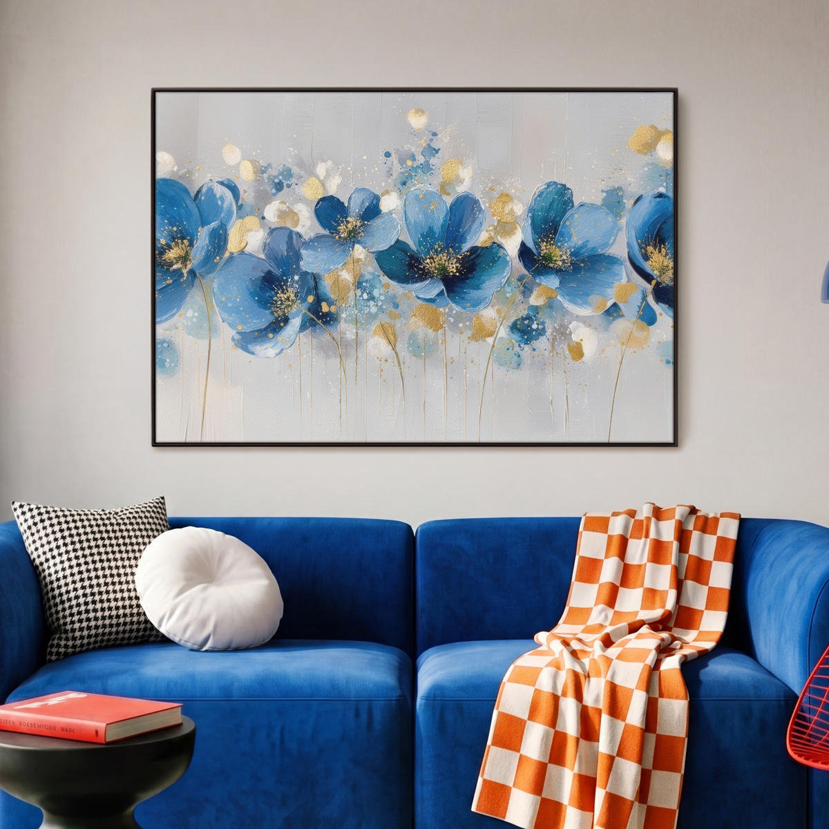 LEINWAND Bilder mit Rahmen - Blumen - Blau - Abstrakt - 90x60 - Hellgrau, Textil (90/60cm) - MuchoWow