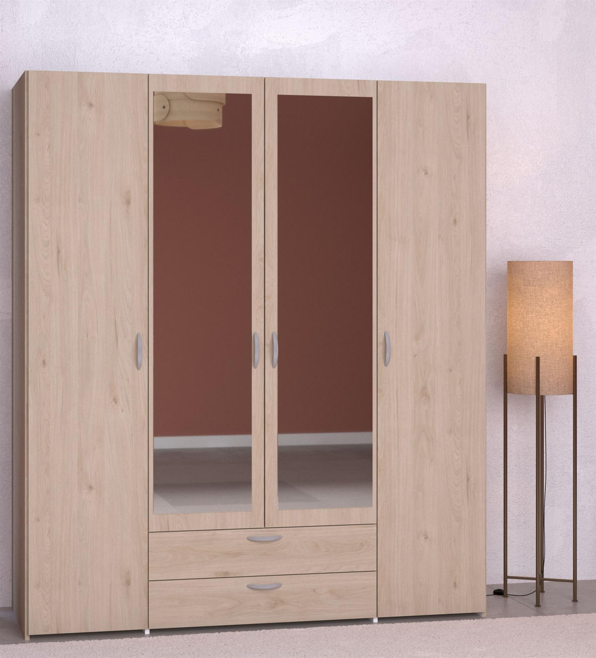 KLEIDERSCHRANK 4-trg. mit Spiegel Parisot Daily 13 Dekor Eiche Jackson - Eichefarben, Kunststoff (160/185/51cm) - 58aufmkessel