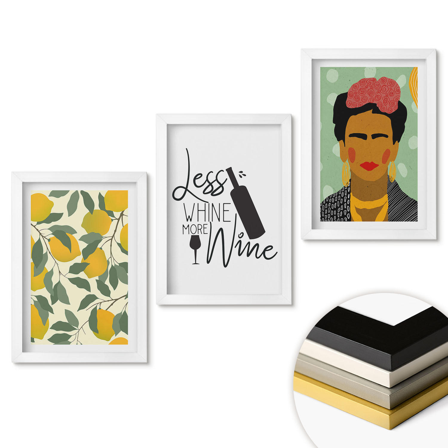 WANDBILDER 3er-Set - 20x30 cm Weißer Rahmen - Zitronenweinporträt von Frida - Weiß, Kunststoff (20/30cm) - ArtPrintCave