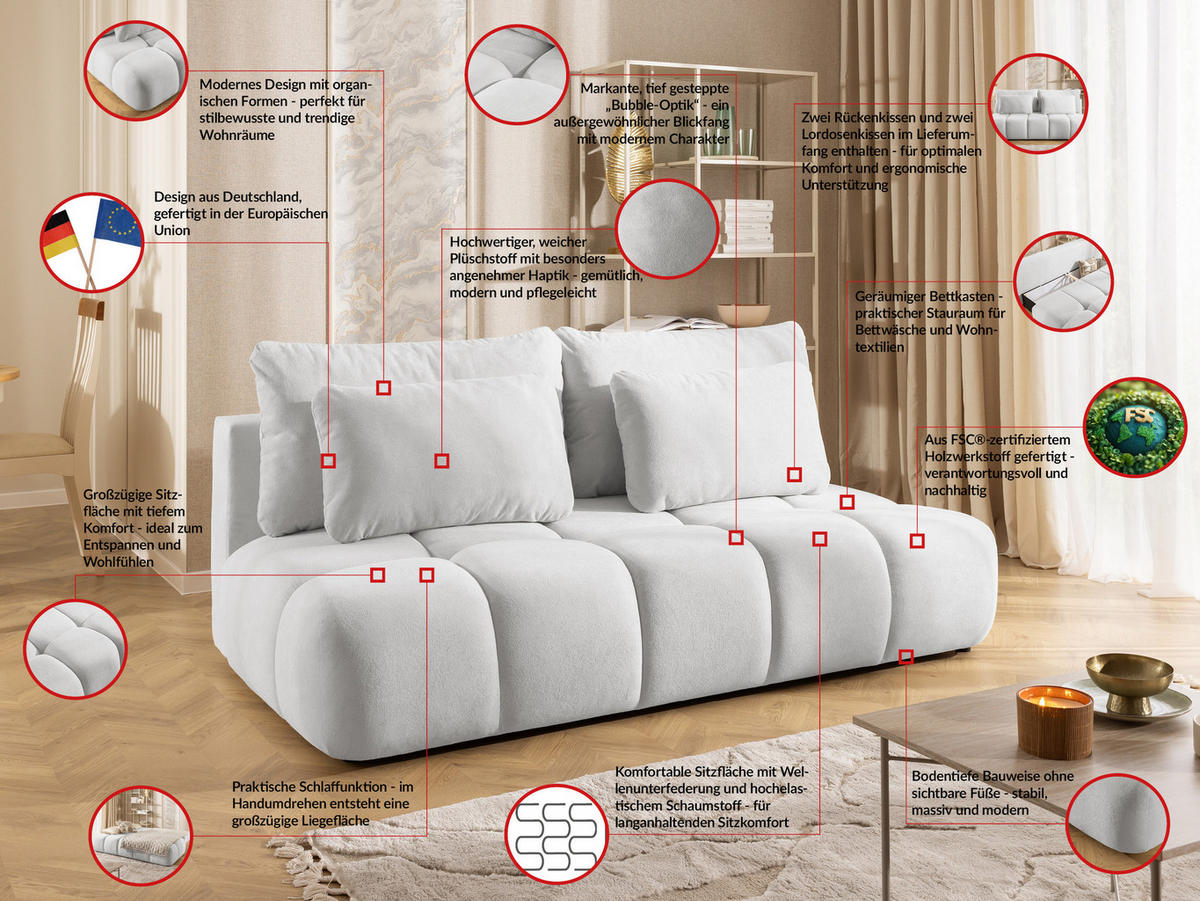ROZKLÁDACÍ POHOVKA Belluno z kvalitní světle šedé plyšové potahové látky s úložným prostorem a hlubokým prošíváním v designu Bubble. - černá/světle šedá, dřevo/textil (205/87/105cm) - S-Style