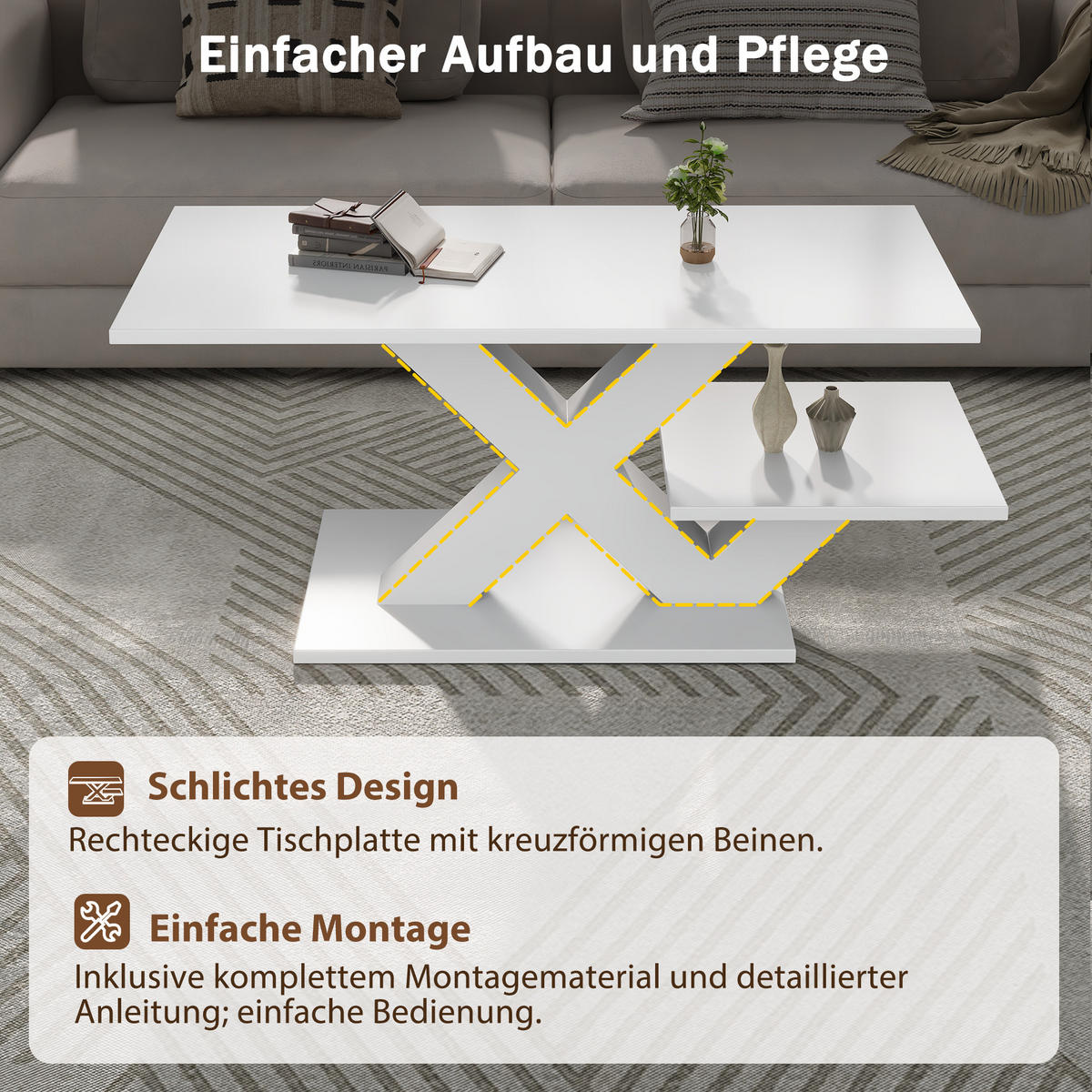COUCHTISCH mit doppelter Arbeitsplatte und X-förmigen Tischbeinen MDF Weiß 100/48/45 cm - Weiß, Holzwerkstoff (100/48/45cm) - EVRYAE