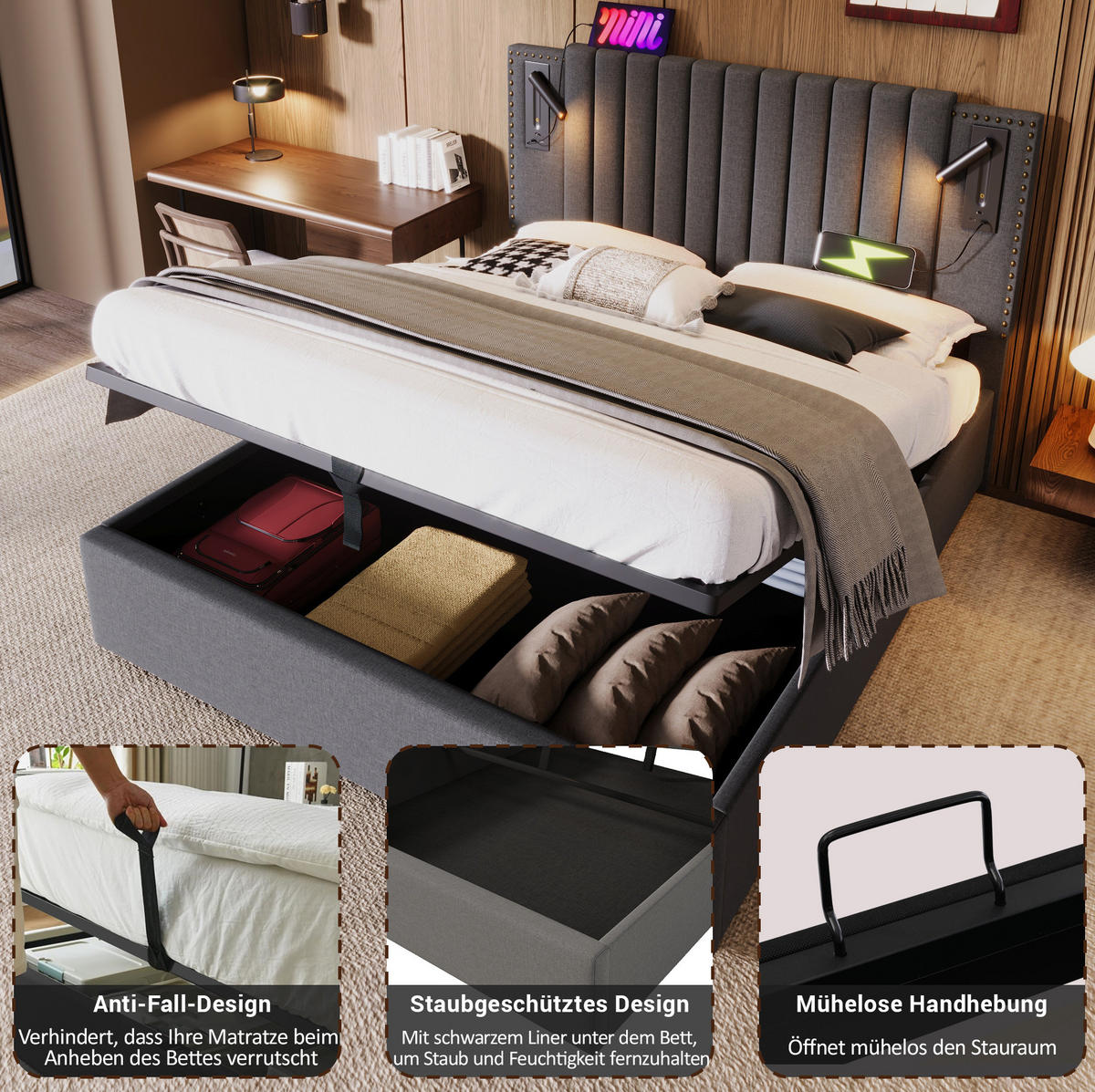 POLSTERBETT 180/200 cm mit Bettkasten, Leselicht und USB-C in Grau - Grau, Textil (180/200cm) - BEAOK