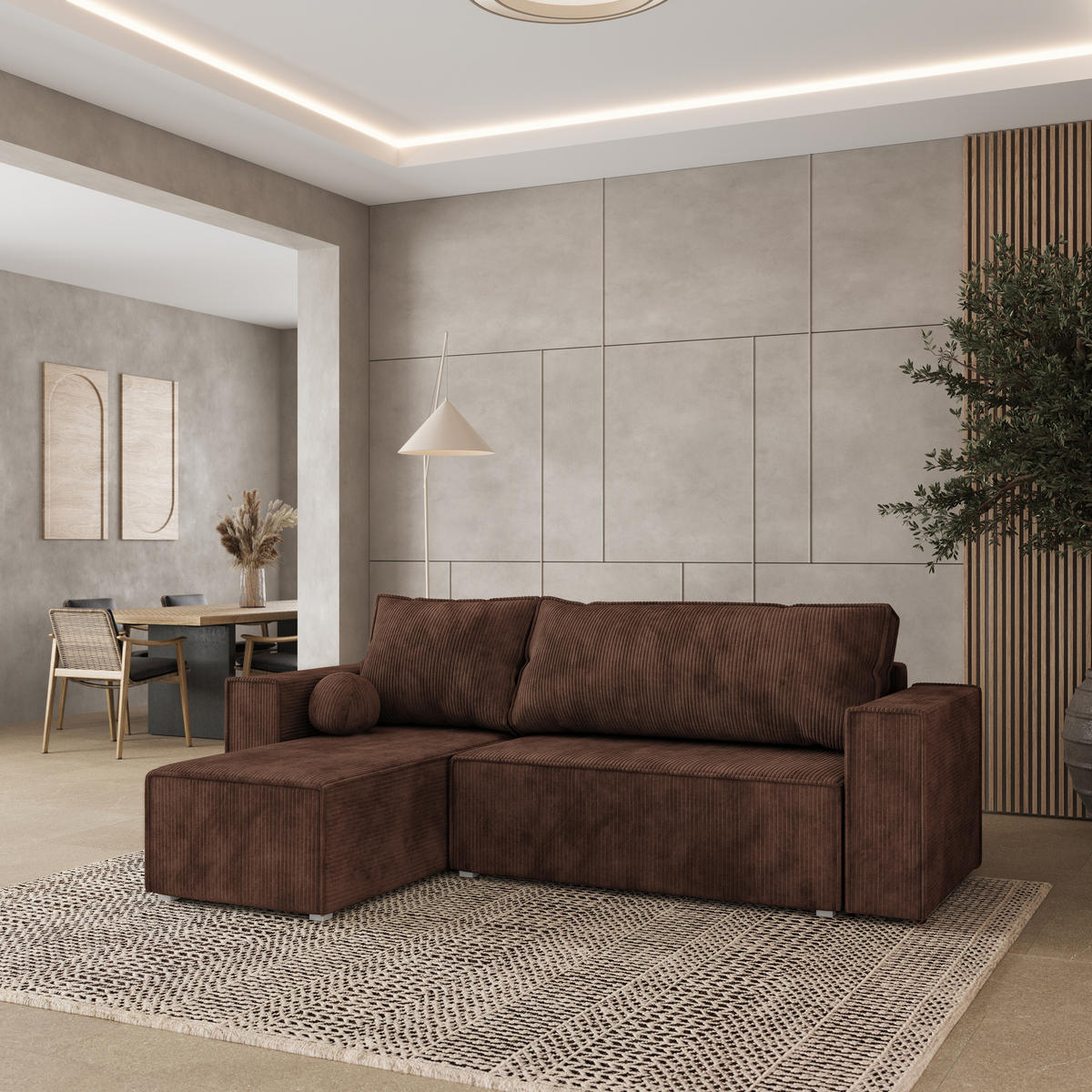 ROHOVÁ SEDAČKA RAVELO hnědá - šedá/hnědá, dřevo/textil (240/140cm) - MASSENO