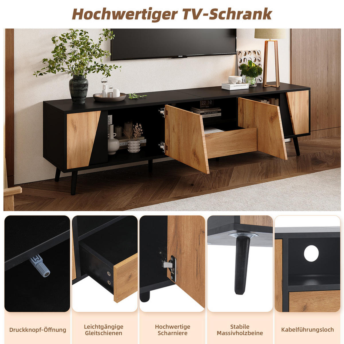 TV-SCHRANK 180x40cm Lowboard Modern Schubladen 2 Schränke Naturholz-Schwarz - Schwarz, Holz (50.8/12.07/64.77cm) - FLIEKS