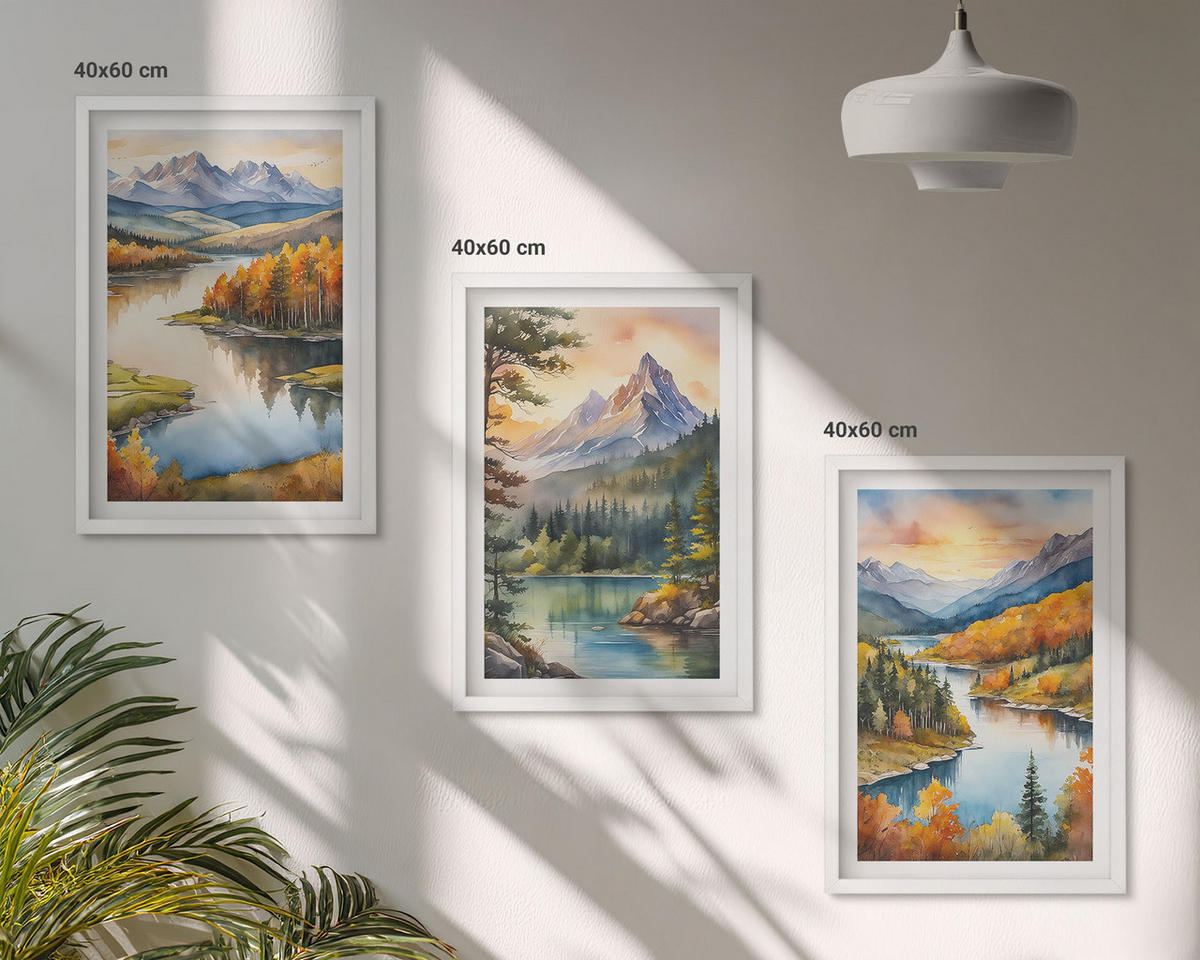 BILDER SET 3er Set - 40x60 cm Weißer Rahmen - Berglandschaften mit einem Fluss - Weiß, Kunststoff (40/60cm) - TULUP