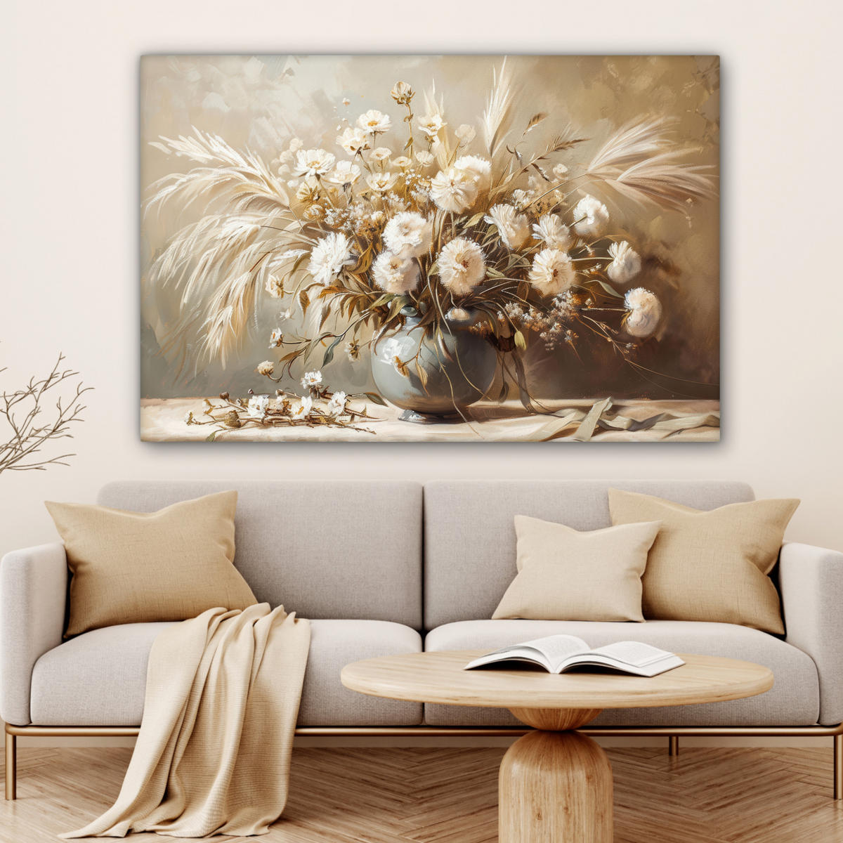 LEINWANDBILD Blumen - Vase - Stilleben - Beige XXL 150x100 cm - Creme, Textil (150/100cm) - MuchoWow
