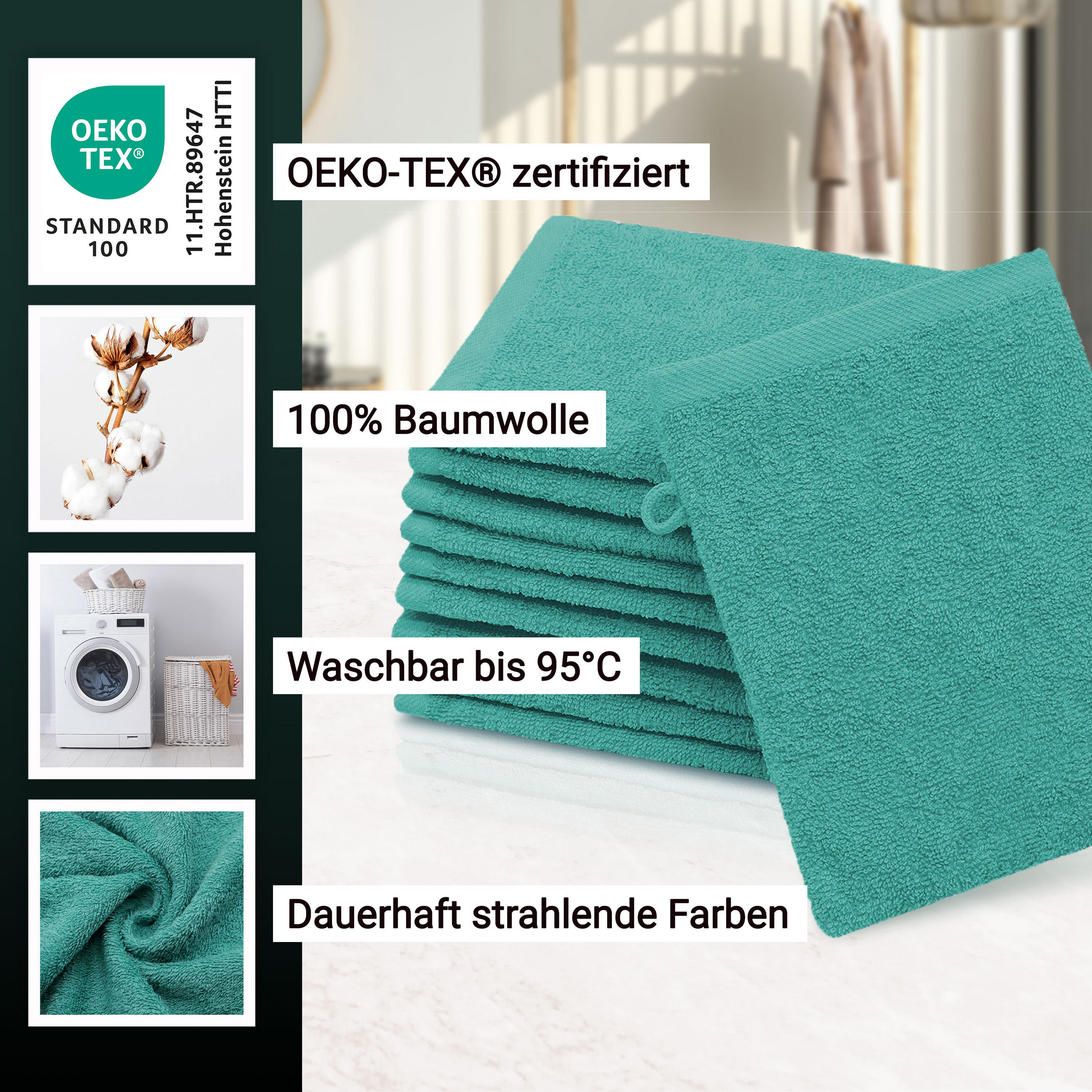 WASCHHANDSCHUH, 10er-Set, 16x21 cm, 100% Baumwolle, Grün - Türkis, Textil (16/21cm) - Zollner