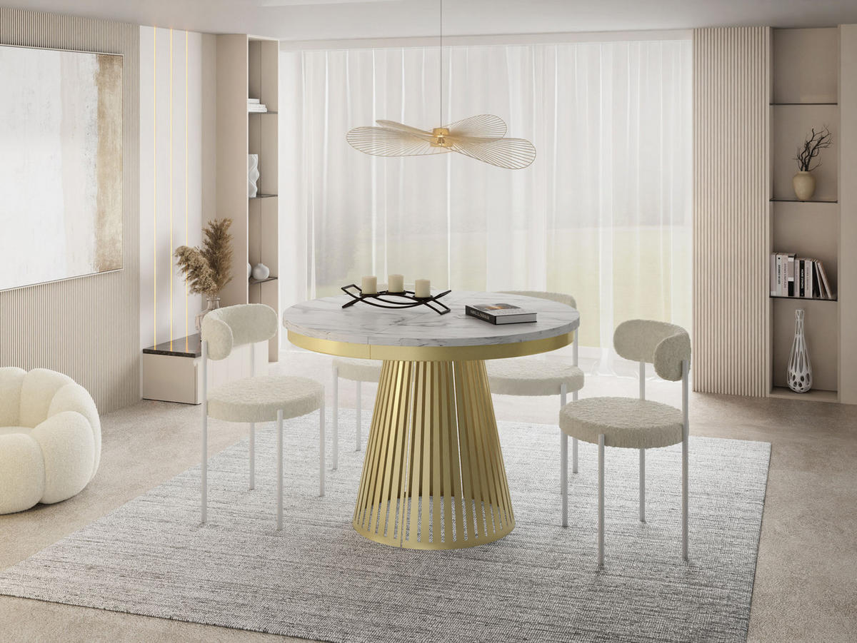 ESSTISCH Naro rund ausziehbar mit Goldem Lamellen-Metallgestell, Marmor Weiß 100-180/100/76 cm - Ecru/Goldfarben, Holzwerkstoff/Metall (100/100/76cm) - WFL GROUP