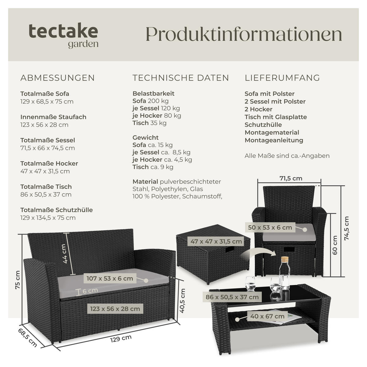 RATTAN SITZGRUPPE Modena,inklusive Staufach und Schutzhülle,schwarz/grau - Schwarz/Grau, Kunststoff - tectake