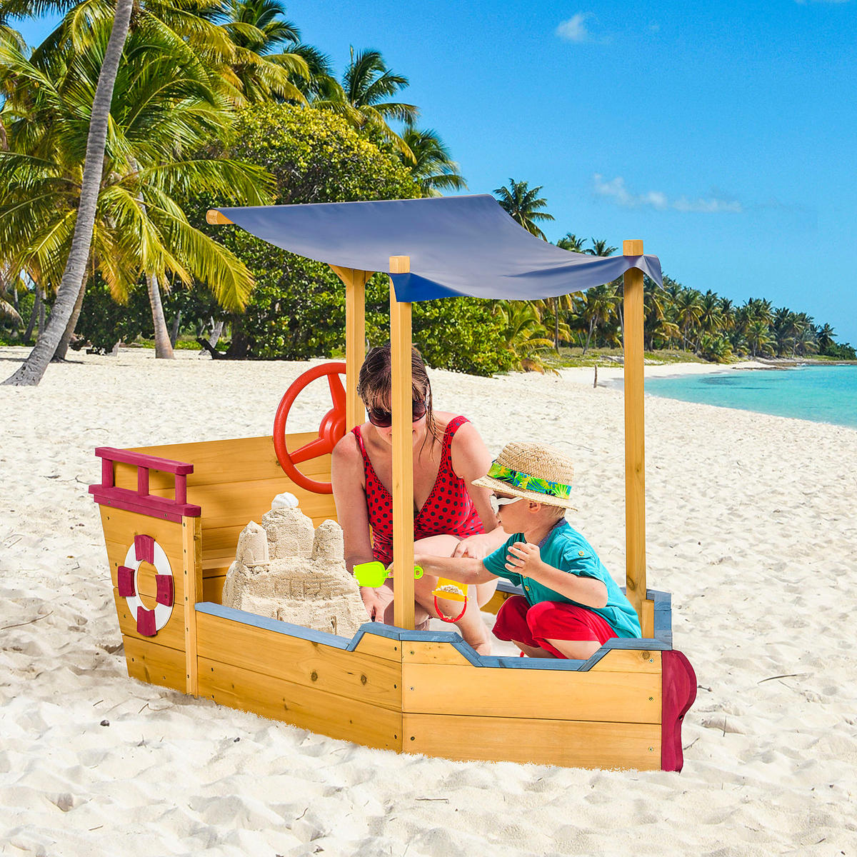 SANDKASTEN DE-18746 Piratenschiff mit Sonnensegel & Schatztruhe Holz - Orange, Holzwerkstoff (160/70/103cm) - ComfortXL