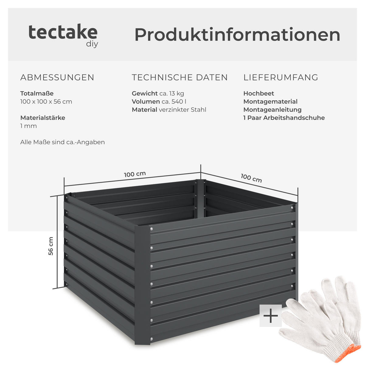 HOCHBEET Blomma,100 x 100 x 56 cm,anthrazit - Anthrazit, Metall (100/56/100cm) - tectake