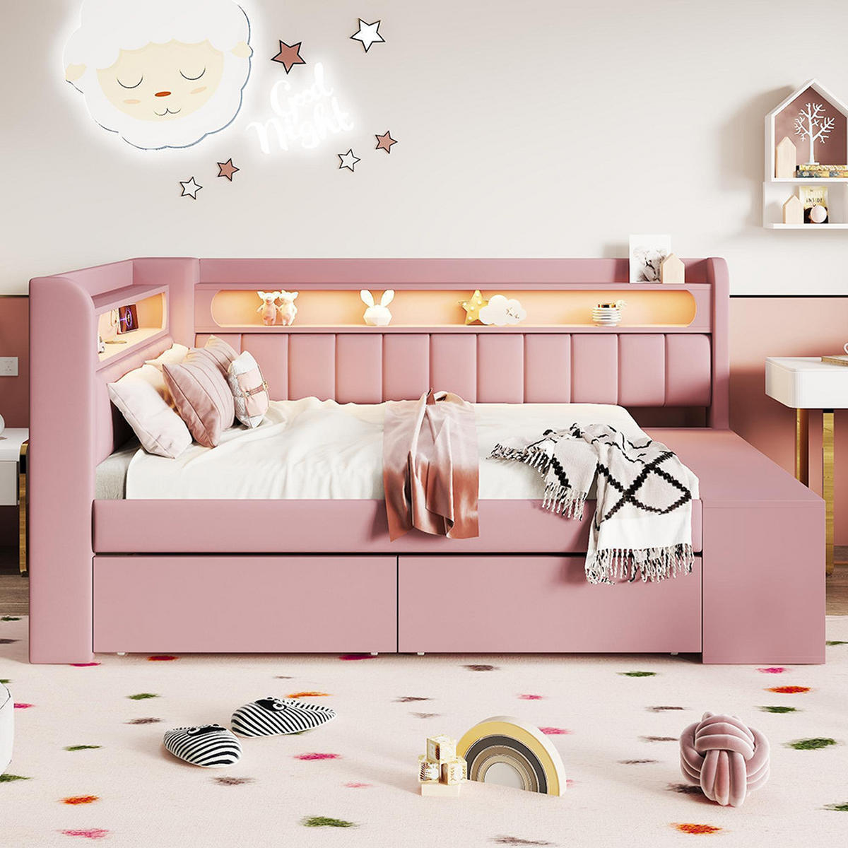 POLSTERBETT 90x200cm, inklusive Schuhschrank und zwei Schubladen, Rosa - Pink, Holz (90/200cm) - KOMHTOM