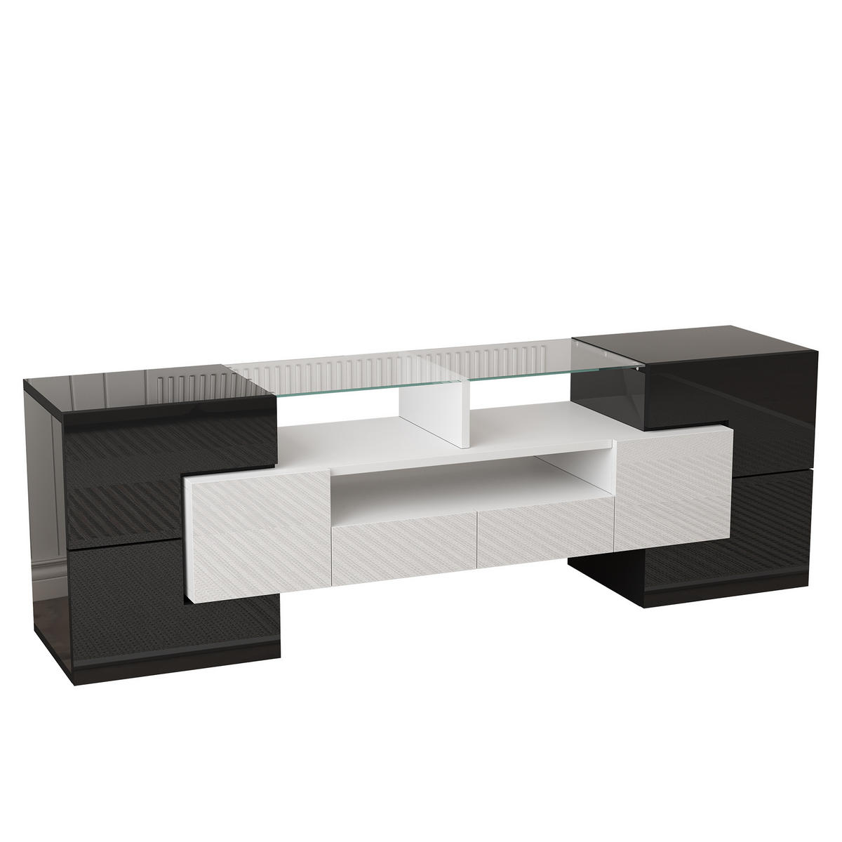 LOWBOARD in Weiß und Schwarz mit LED und Glasoberfläche für Wohnzimmer, 145/B30/H51cm - Schwarz/Weiß, Glas/Holzwerkstoff (145/51/30cm) - STILVORA