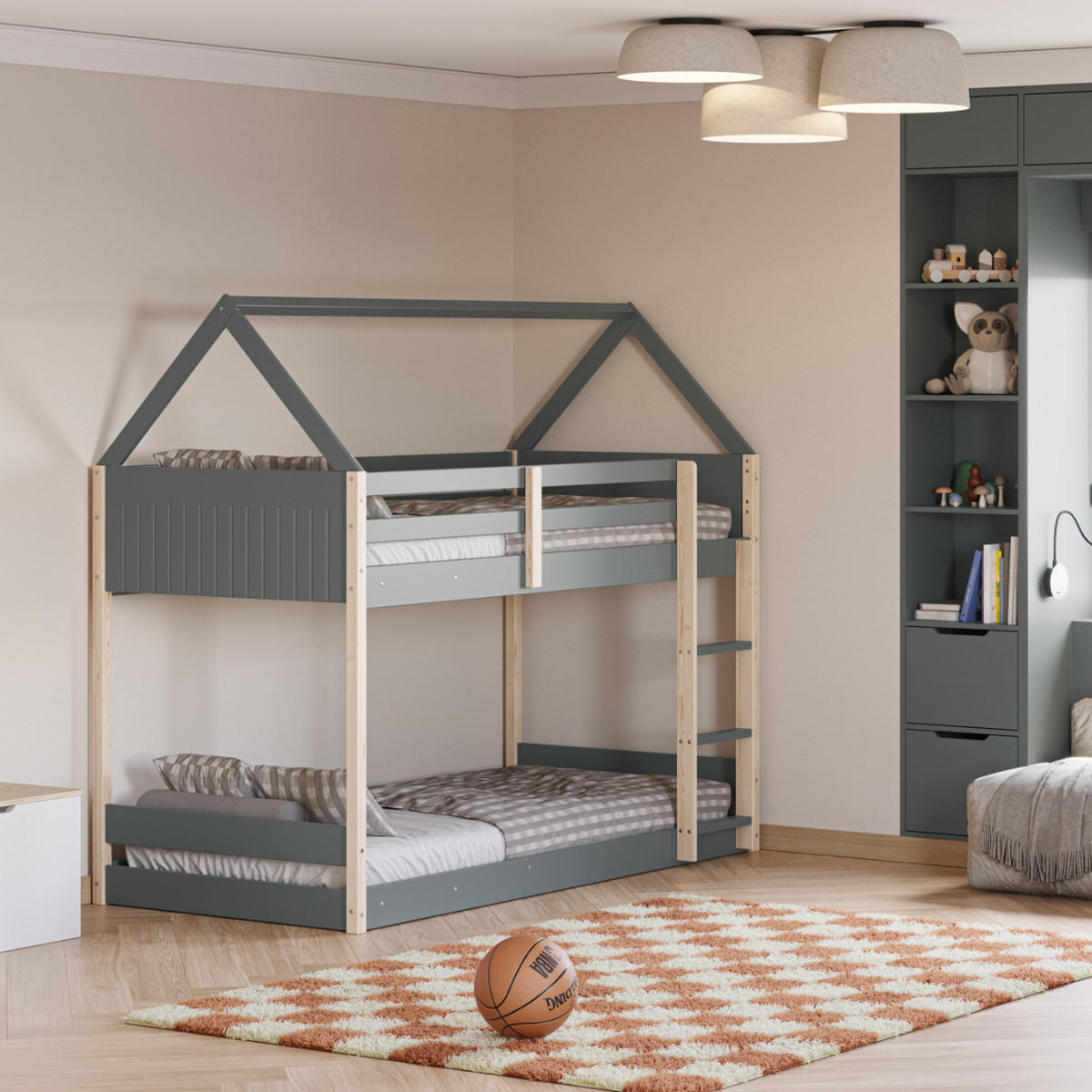 MONTESSORI Etagenbetten 90x190 cm in Hausform 104,7/200/174,9 cm - Grün, Holz - Calicosy