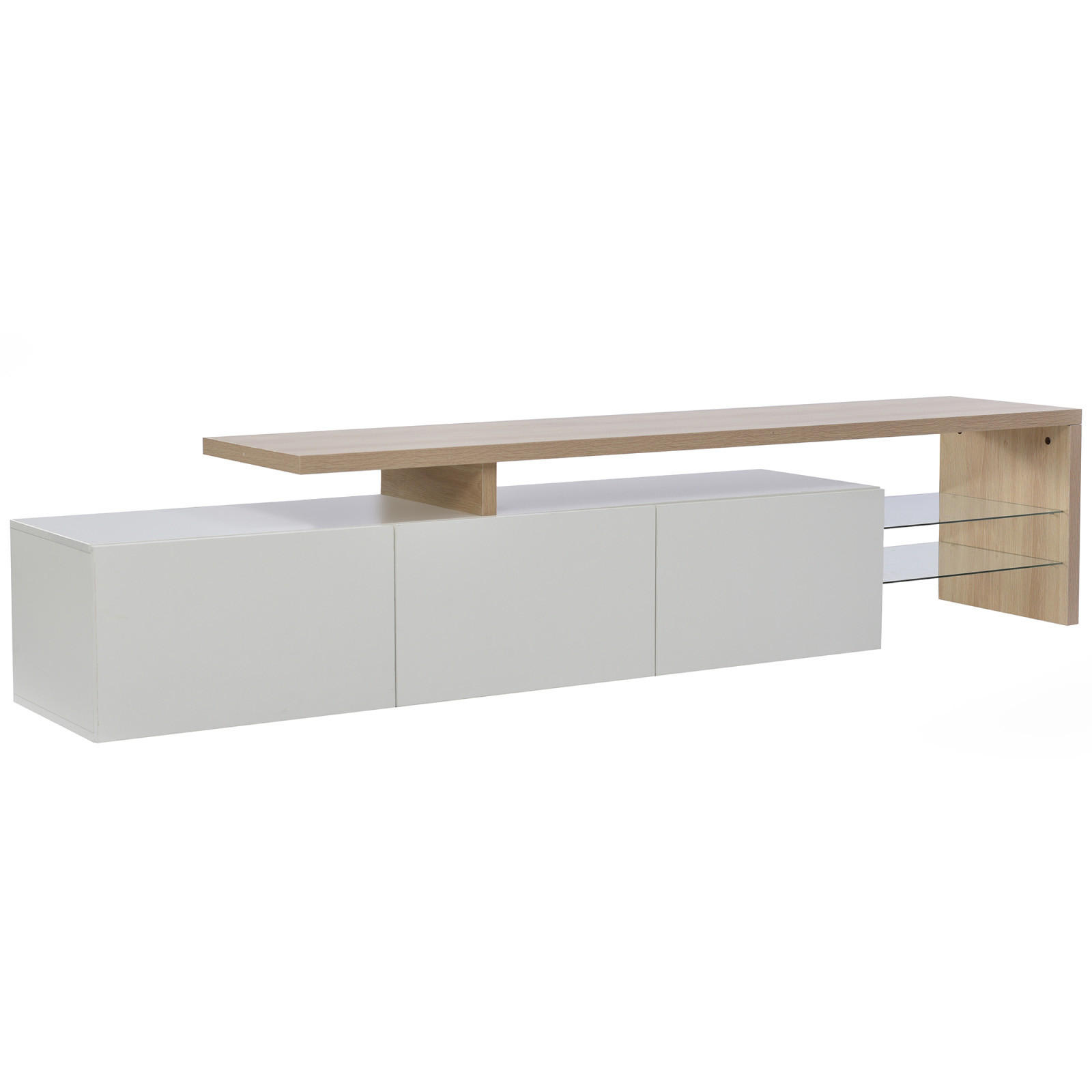 TV Lowboard LED 200 cm, 3 Türen, Glasregale, Holz Weiß - Weiß, Holz (200/42/39cm)